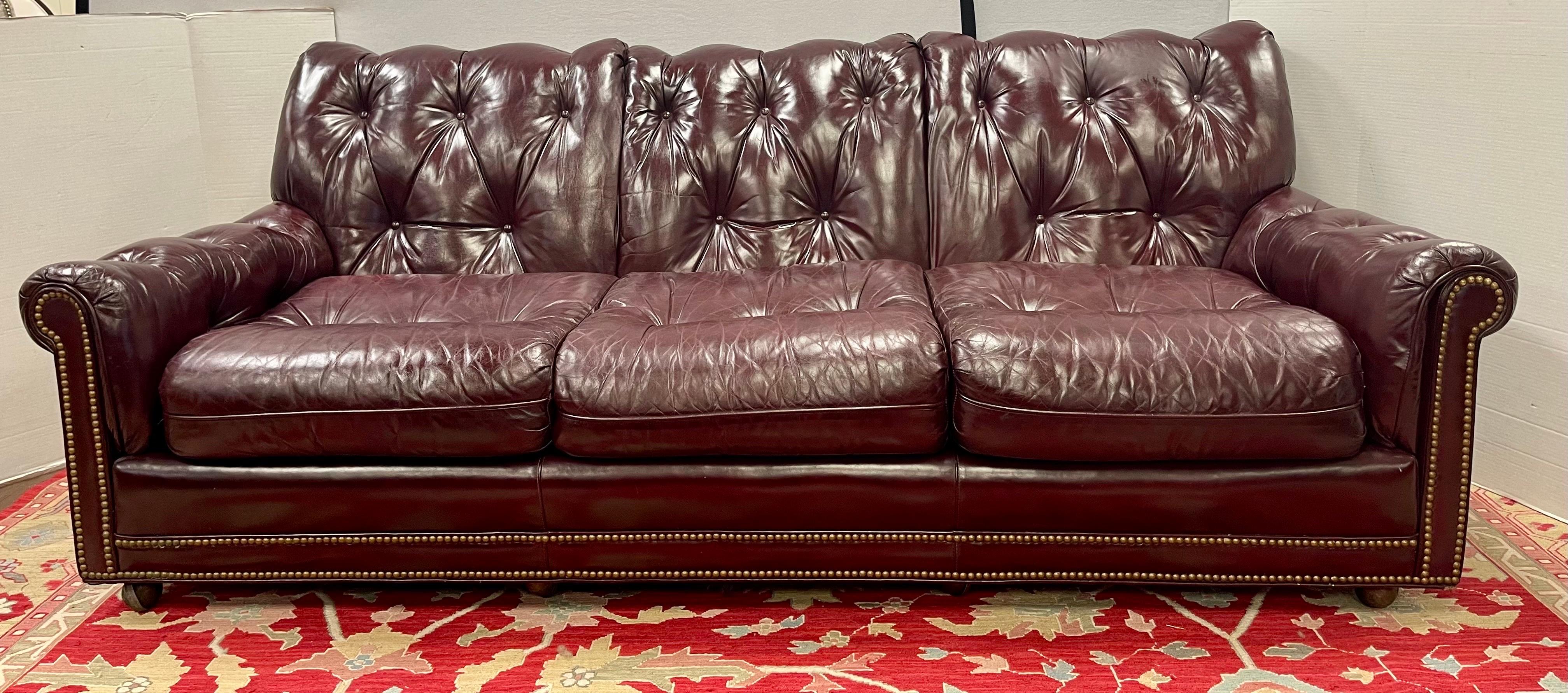 American Hancock and Moore Vintage Cranberry Leather and Nailhead Three Seater Sofa