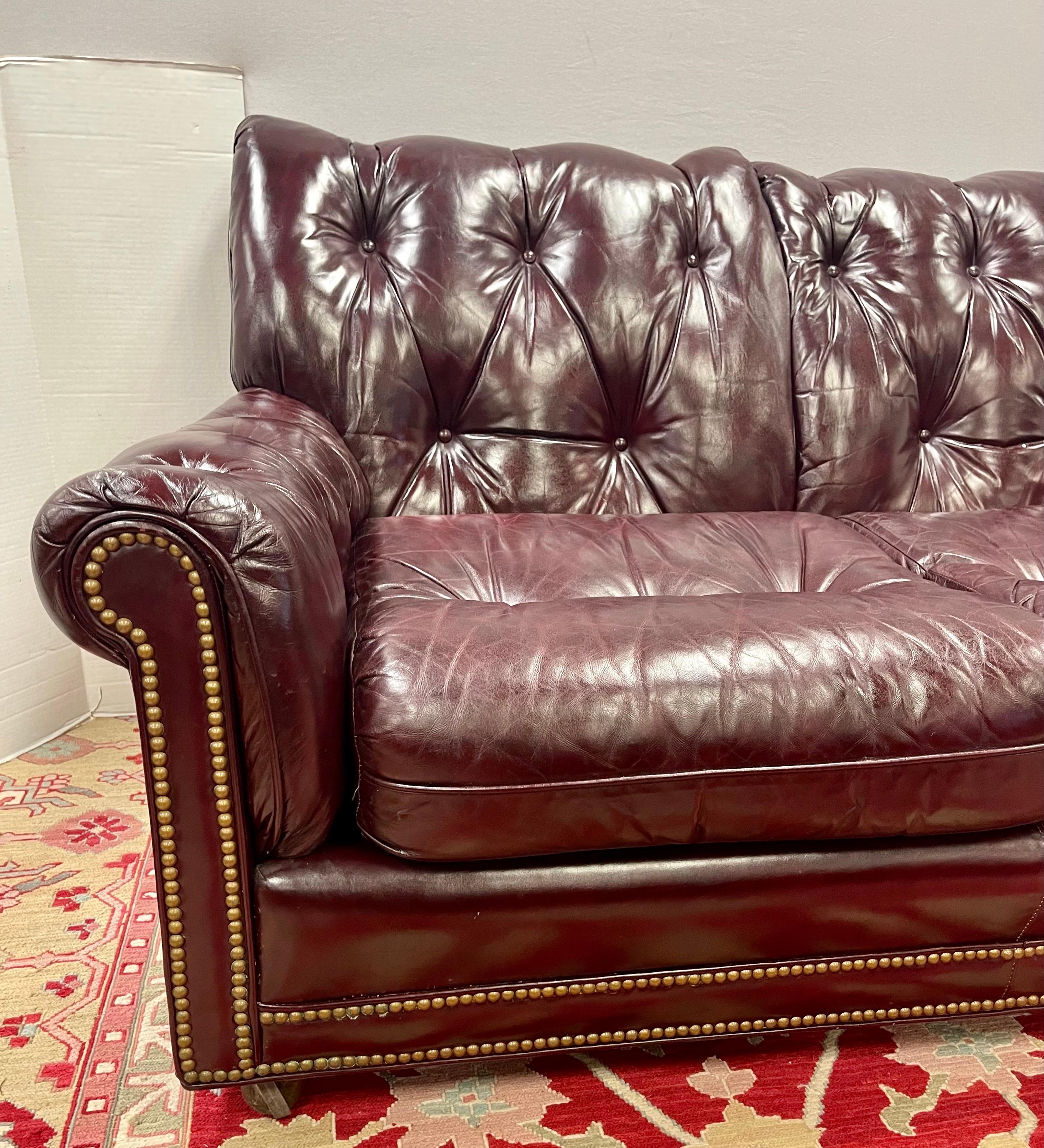 Hancock and Moore Vintage Cranberry Leather and Nailhead Three Seater Sofa In Good Condition In West Hartford, CT
