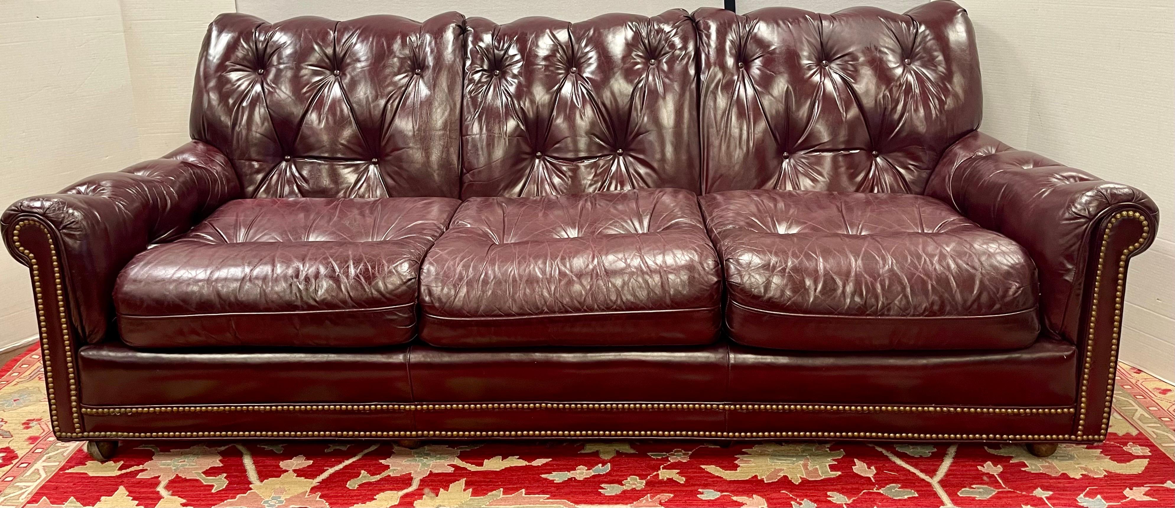 20th Century Hancock and Moore Vintage Cranberry Leather and Nailhead Three Seater Sofa