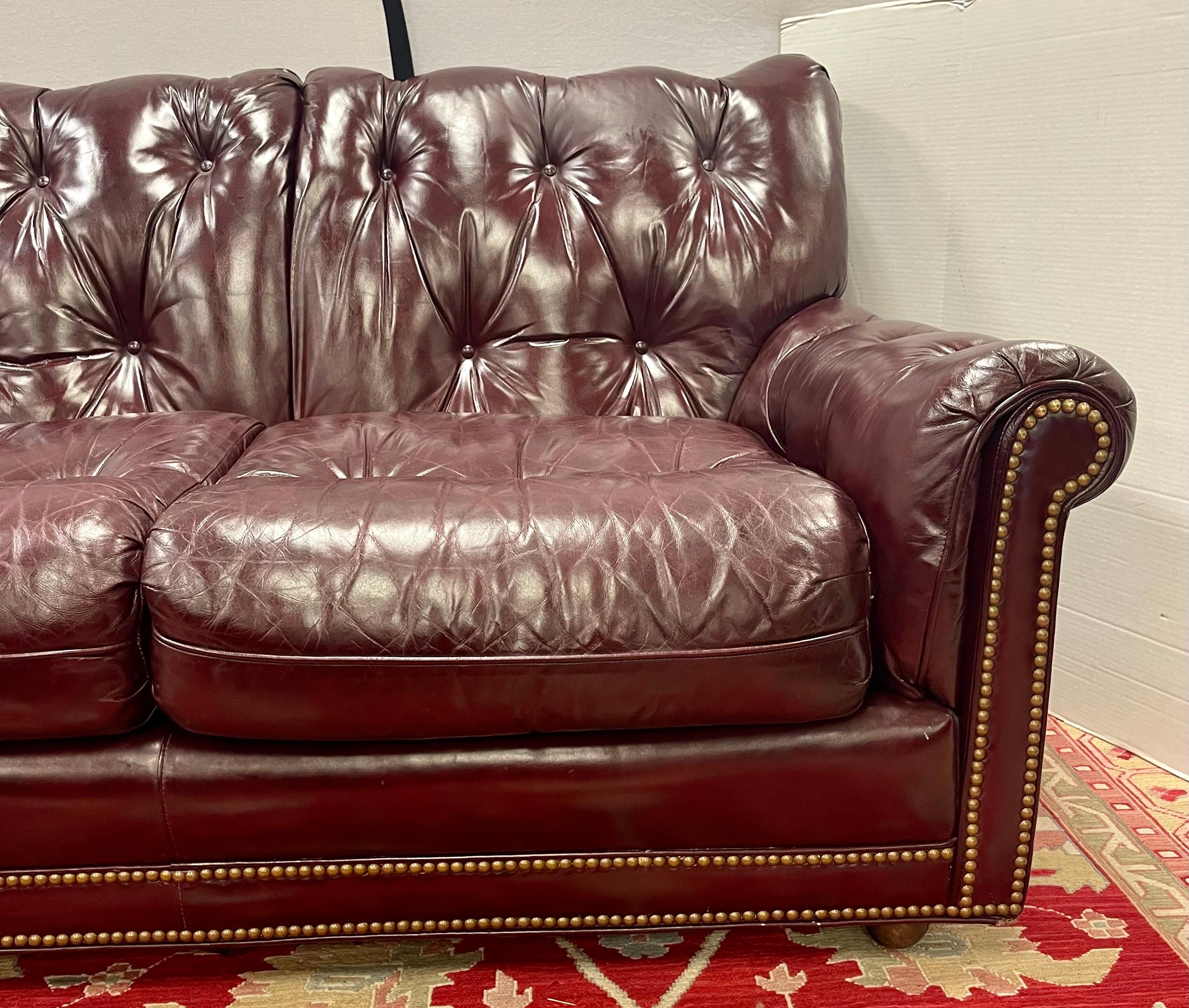 Brass Hancock and Moore Vintage Cranberry Leather and Nailhead Three Seater Sofa