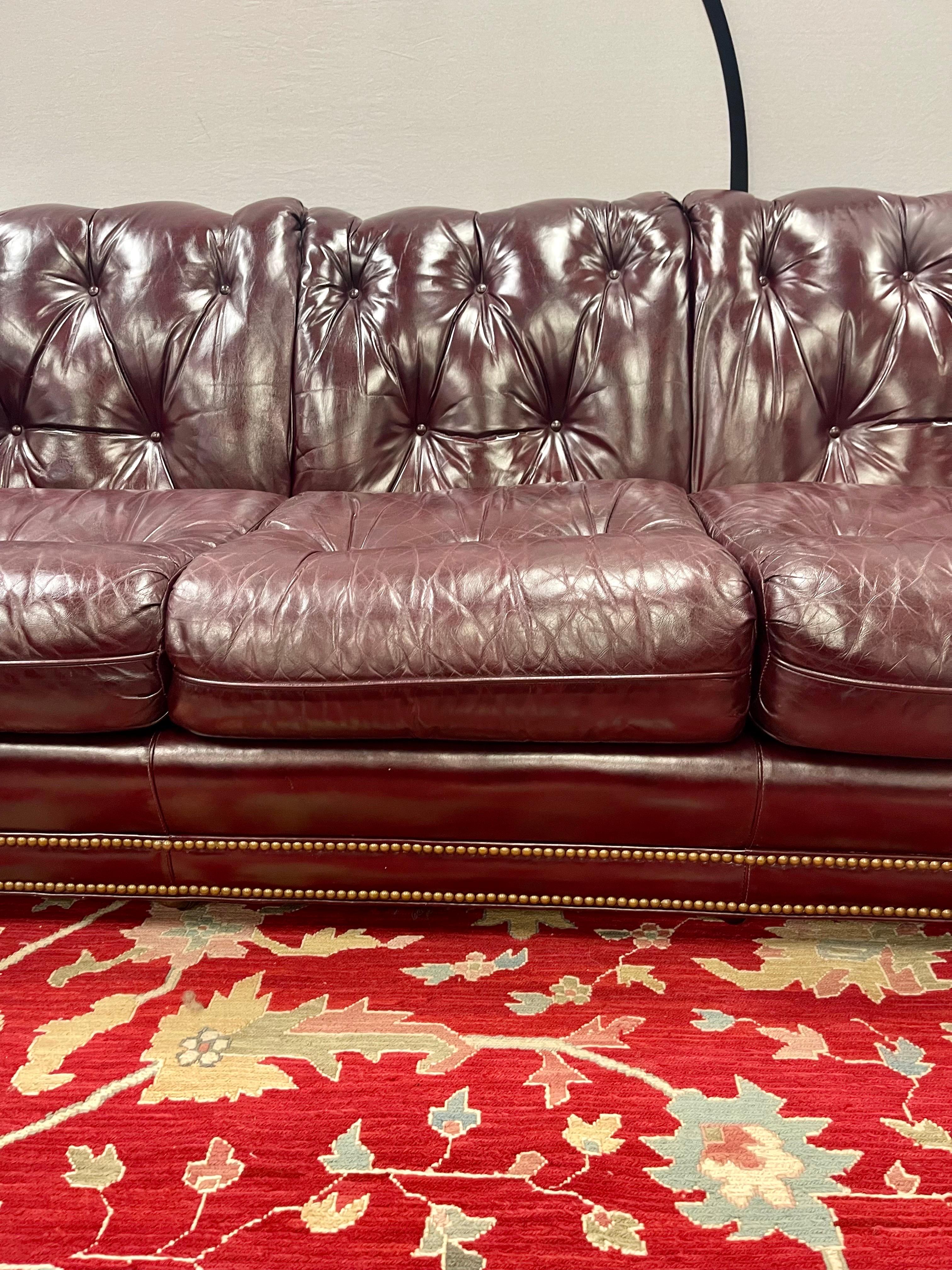 Hancock and Moore Vintage Cranberry Leather and Nailhead Three Seater Sofa 1