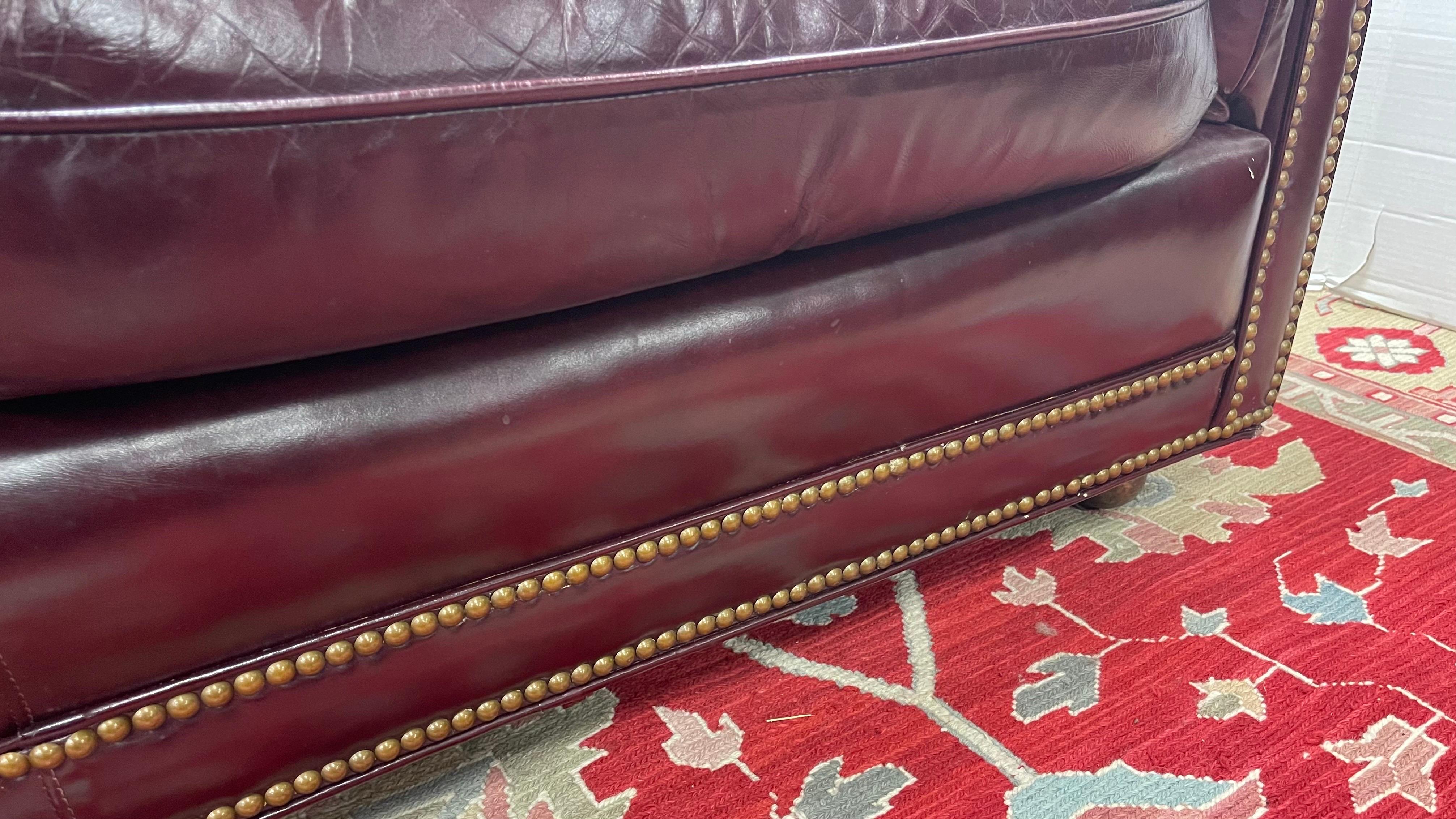 Hancock and Moore Vintage Cranberry Leather and Nailhead Three Seater Sofa 2