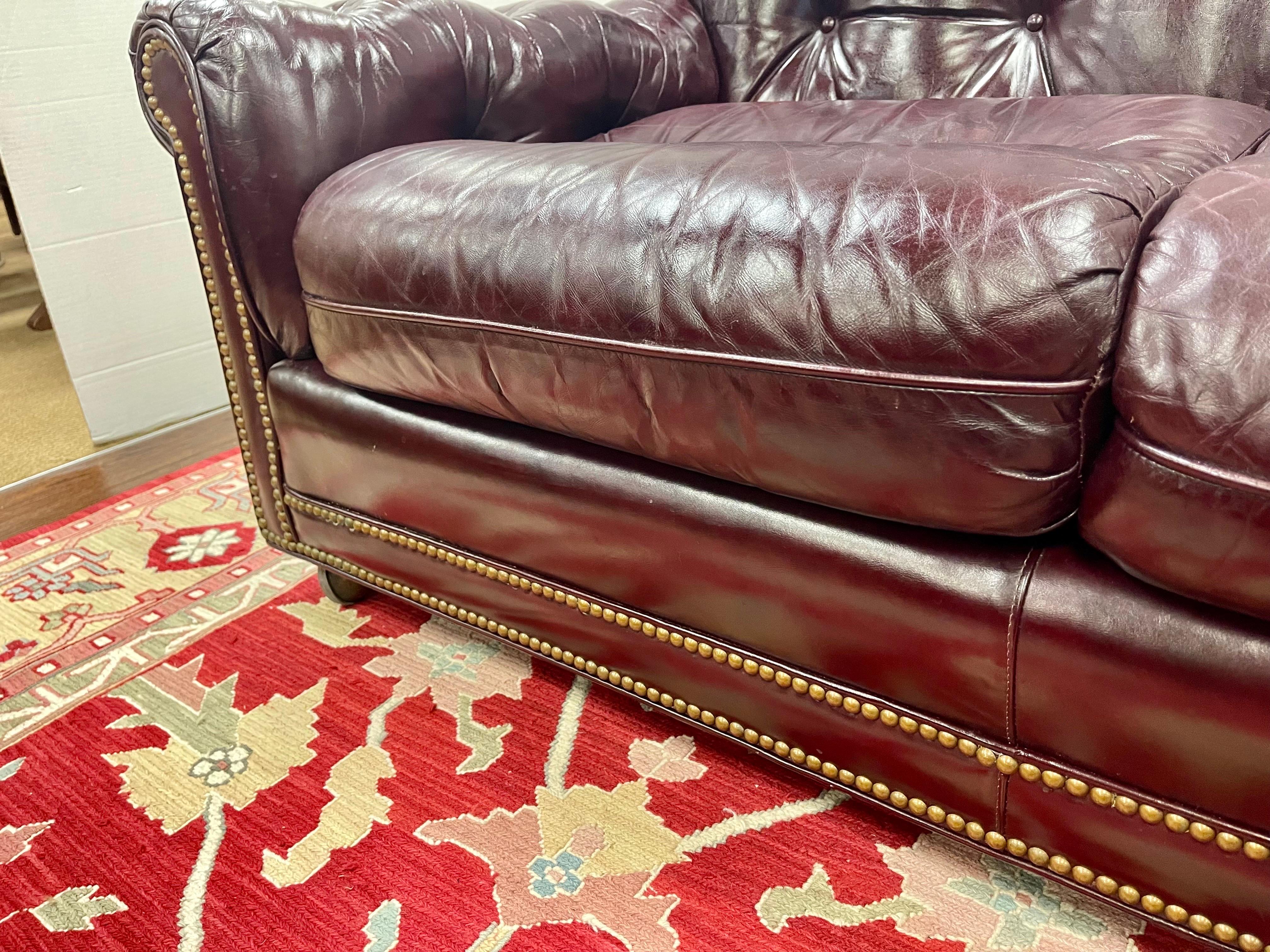 Hancock and Moore Vintage Cranberry Leather and Nailhead Three Seater Sofa 3