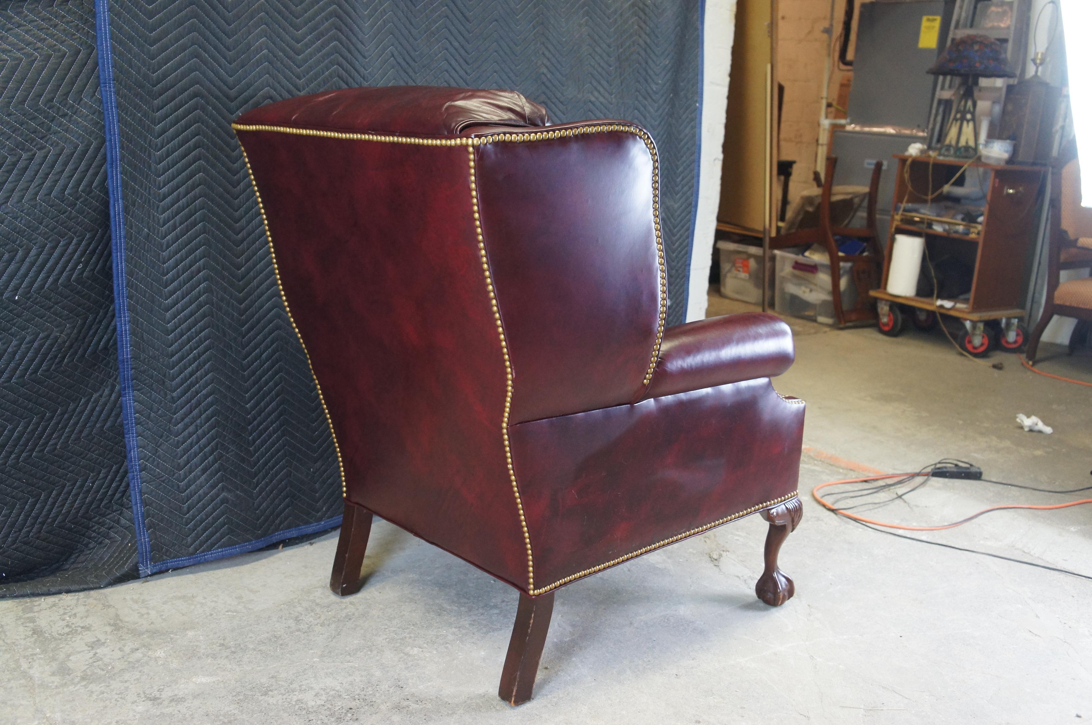 Hancock & Moore Chippendale Red Leather Library Club Wingback Arm Chair Ottoman 3