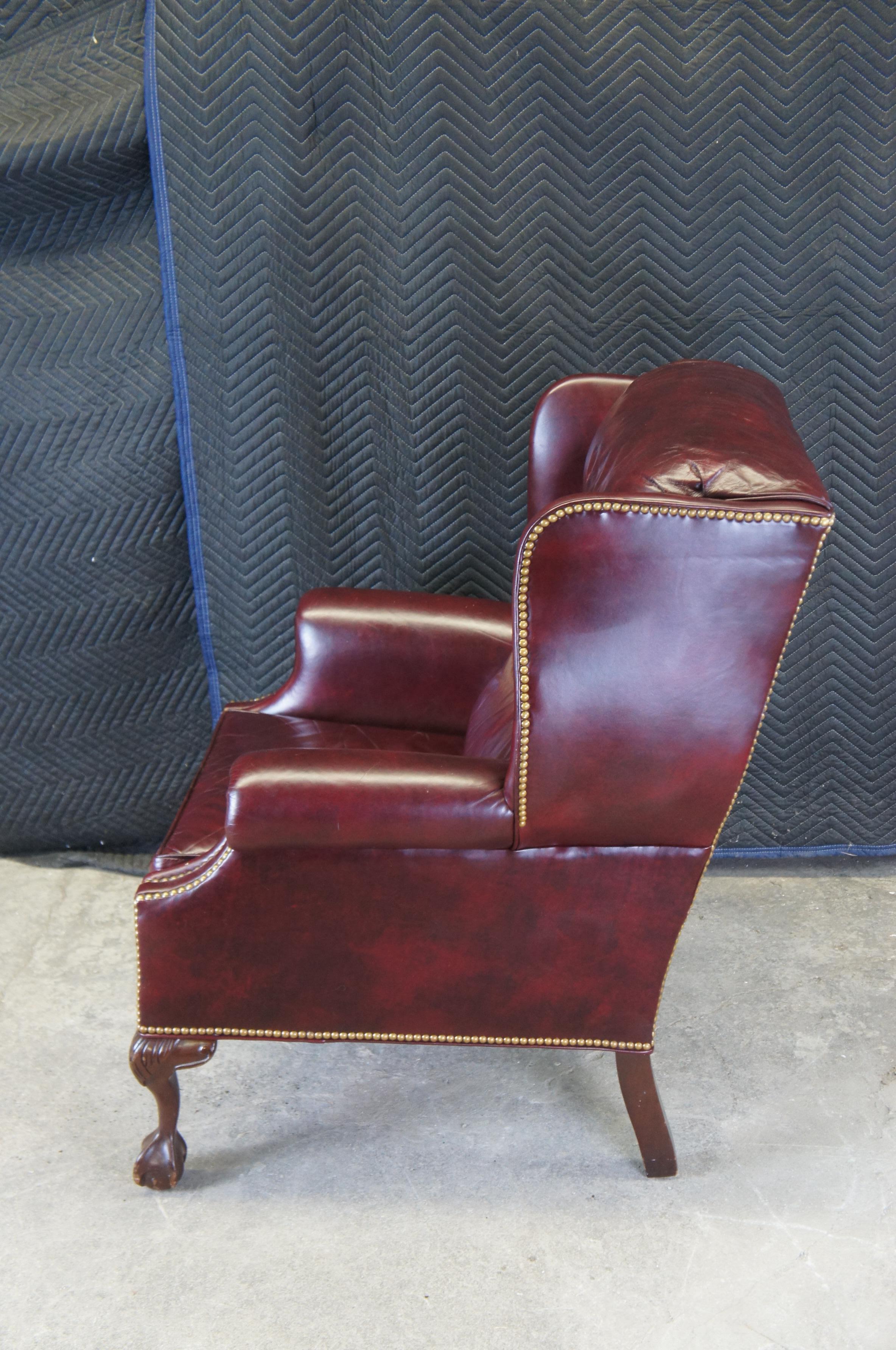 Hancock & Moore Chippendale Red Leather Library Club Wingback Arm Chair Ottoman 4