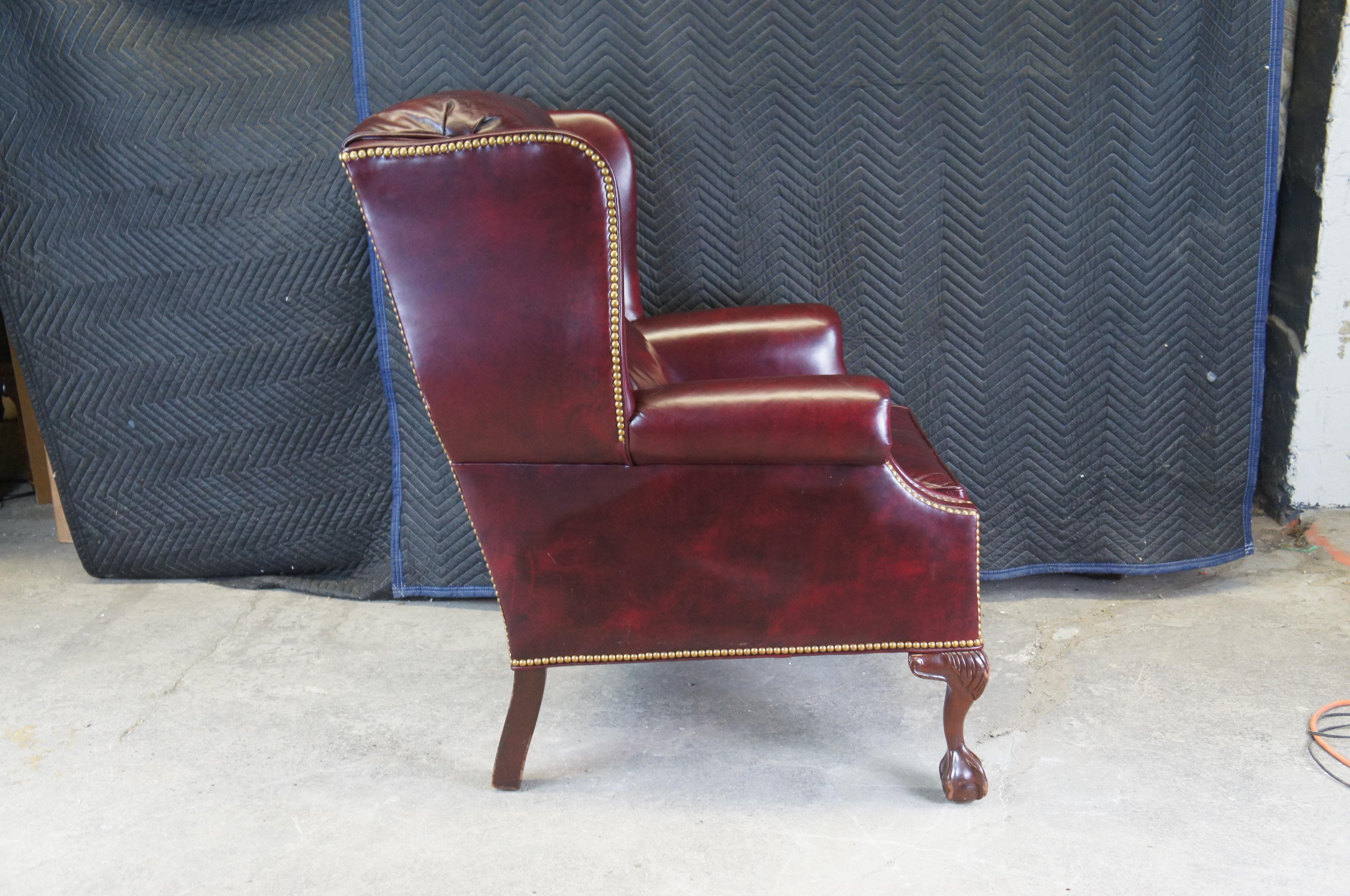 Hancock & Moore Chippendale Red Leather Library Club Wingback Arm Chair Ottoman 2