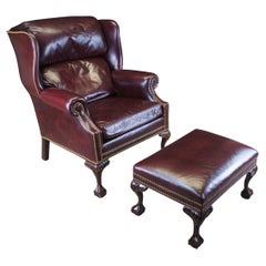 Vintage Hancock & Moore Chippendale Red Leather Library Club Wingback Arm Chair Ottoman