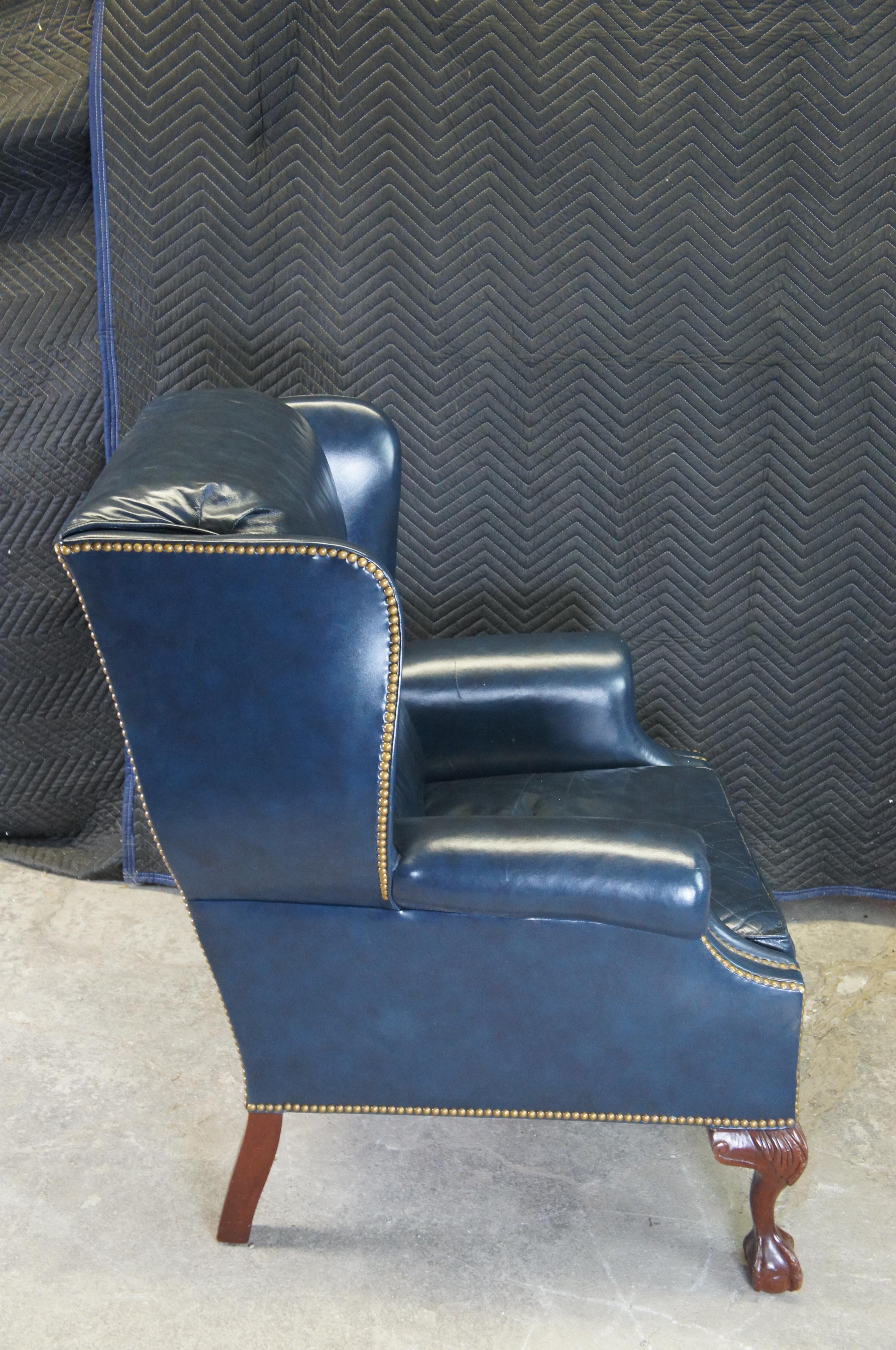 Hancock & Moore Chippendale Style Blue Leather Library Club Wingback Arm Chair 4