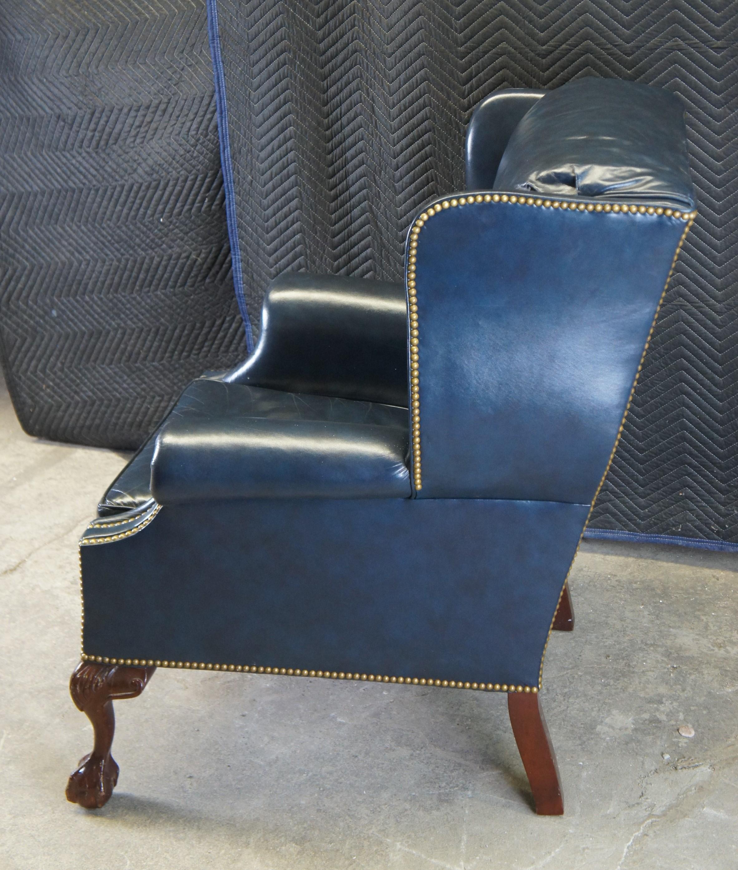 Hancock & Moore Chippendale Style Blue Leather Library Club Wingback Arm Chair 1