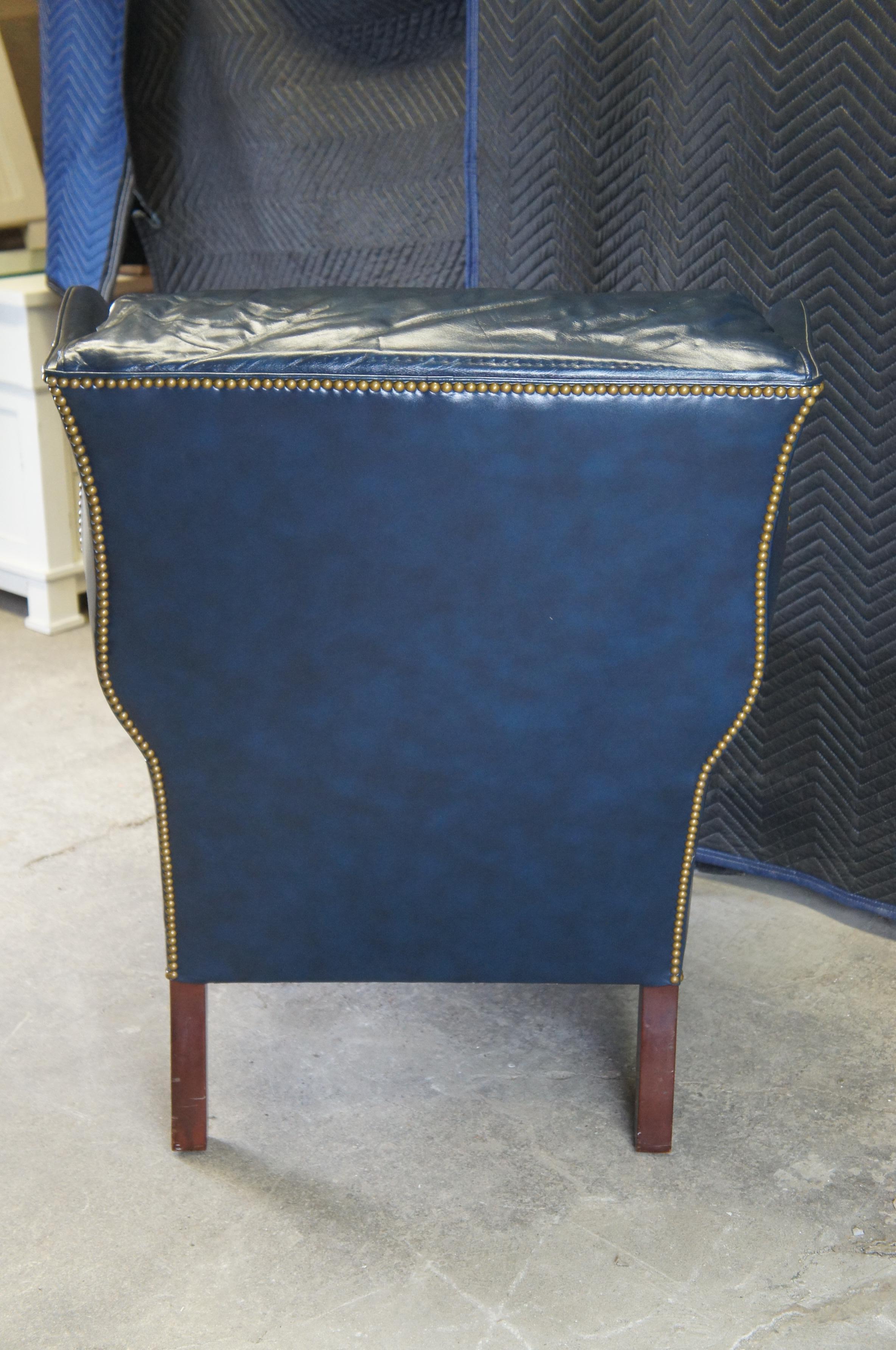 Hancock & Moore Chippendale Style Blue Leather Library Club Wingback Arm Chair 2