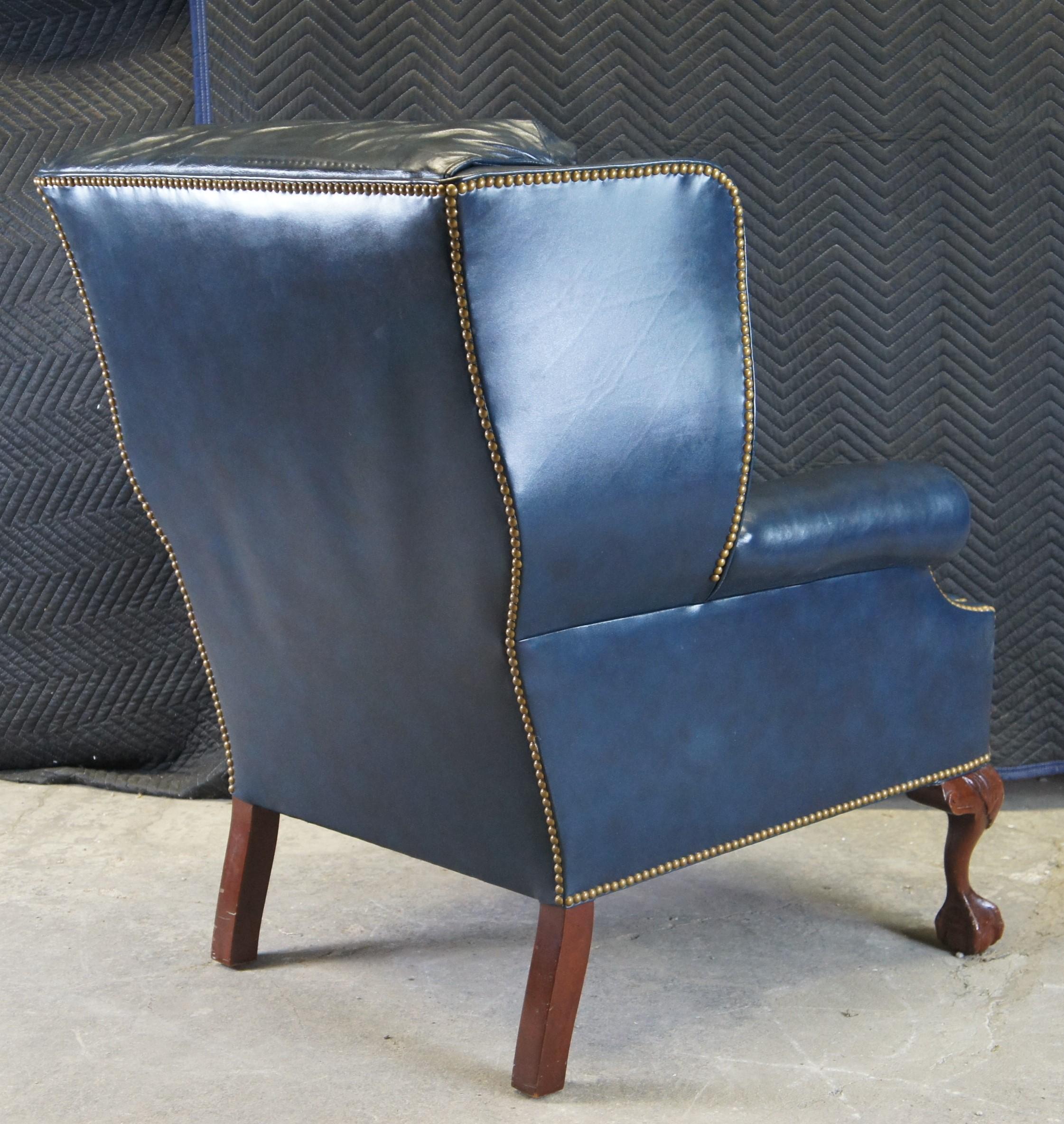 Hancock & Moore Chippendale Style Blue Leather Library Club Wingback Arm Chair 3