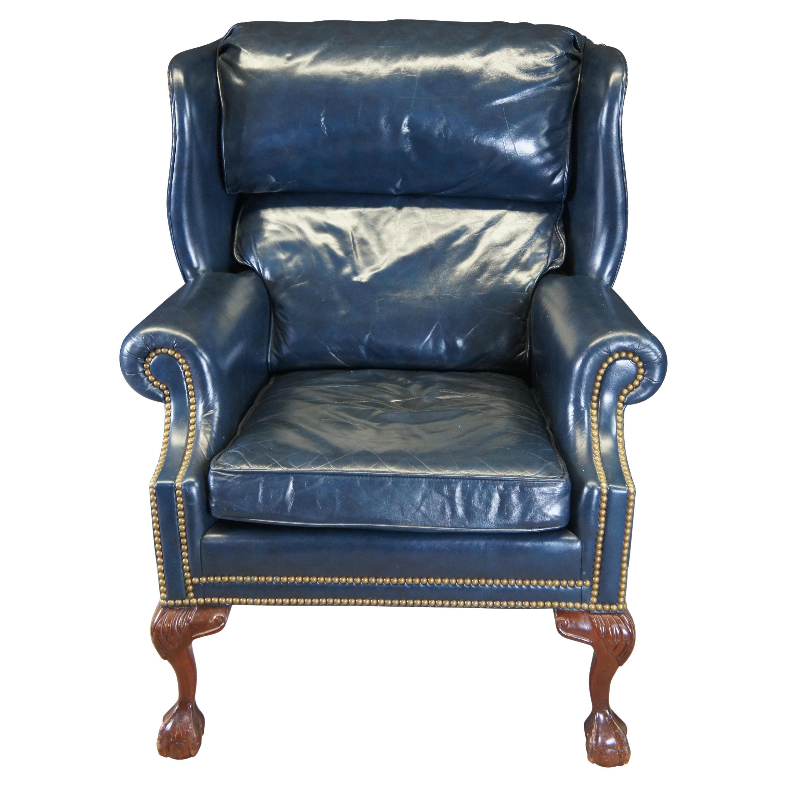 Hancock & Moore Chippendale Style Blue Leather Library Club Wingback Arm Chair