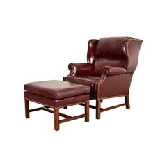 Hancock & Moore Chippendale Wingback Leather Lounge Chair With Ottoman