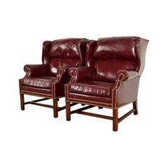 Hancock & Moore Chippendale Wingback Leather Lounge Chairs  Pair