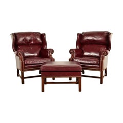 Hancock & Moore Chippendale Wingback Leather Lounge Chairs With Ottoman