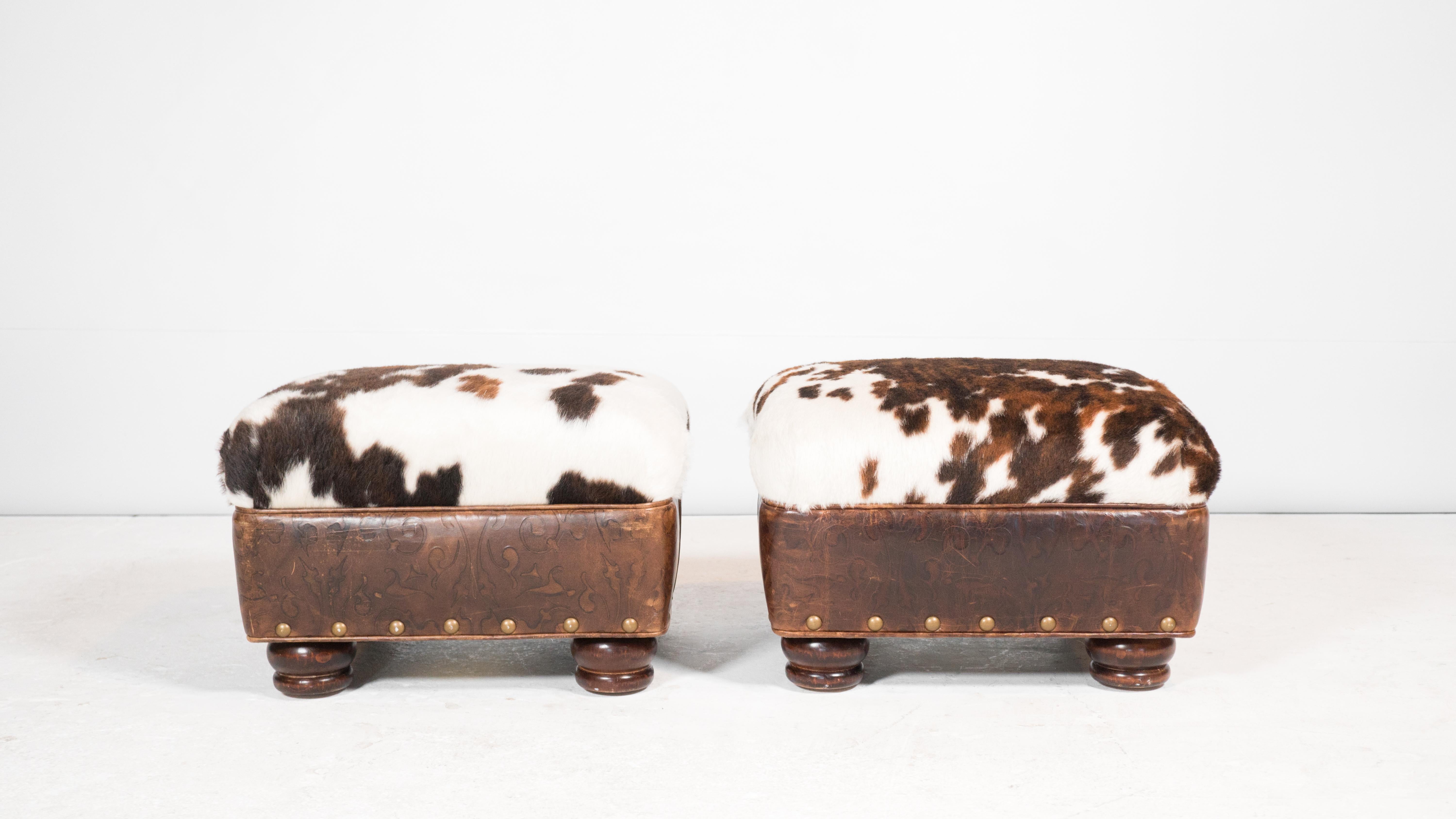 Mid-Century Modern Hancock & Moore Cowhide Ottomans With Nailhead Trim - a Pair For Sale