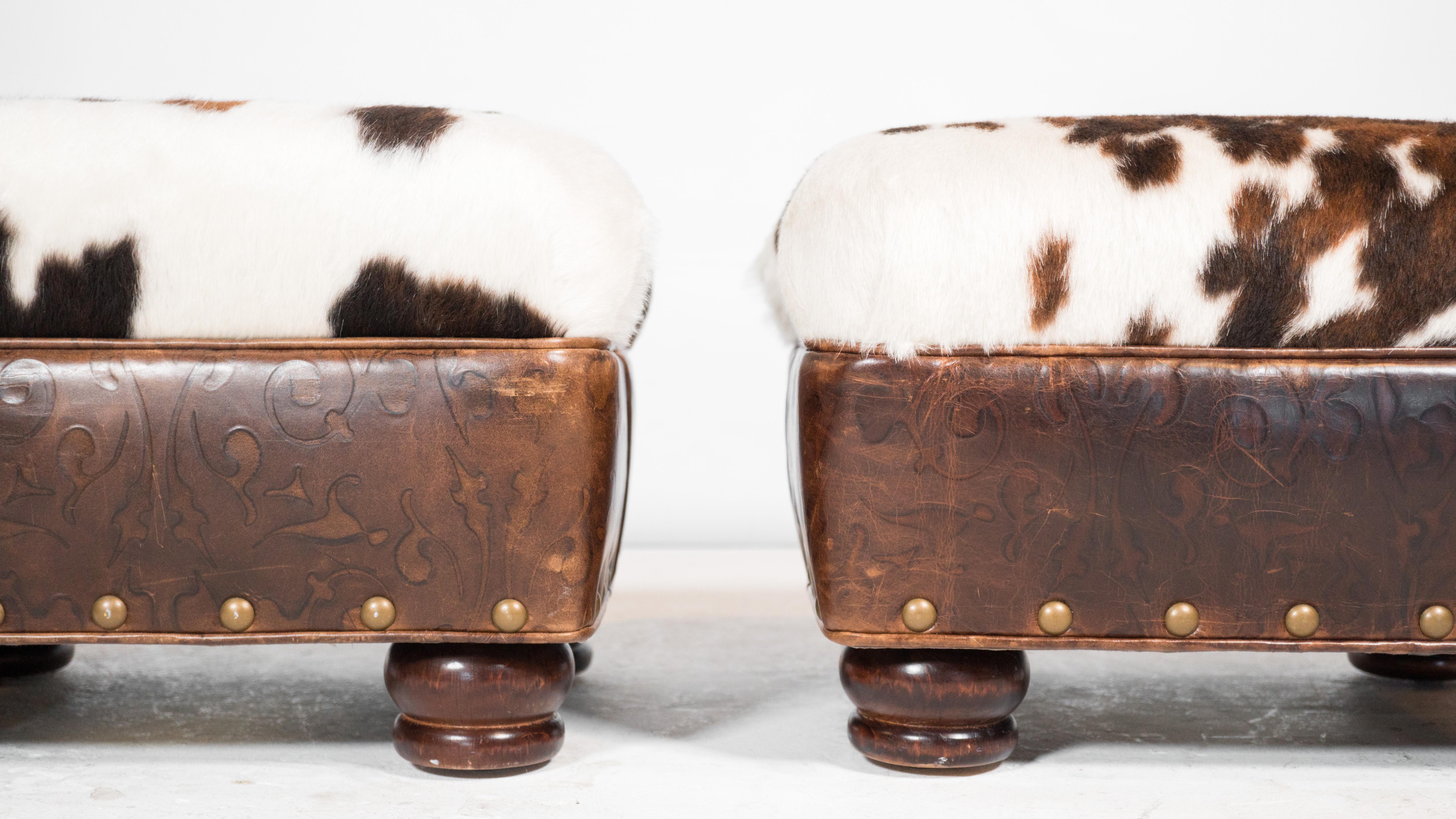 American Hancock & Moore Cowhide Ottomans With Nailhead Trim - a Pair For Sale