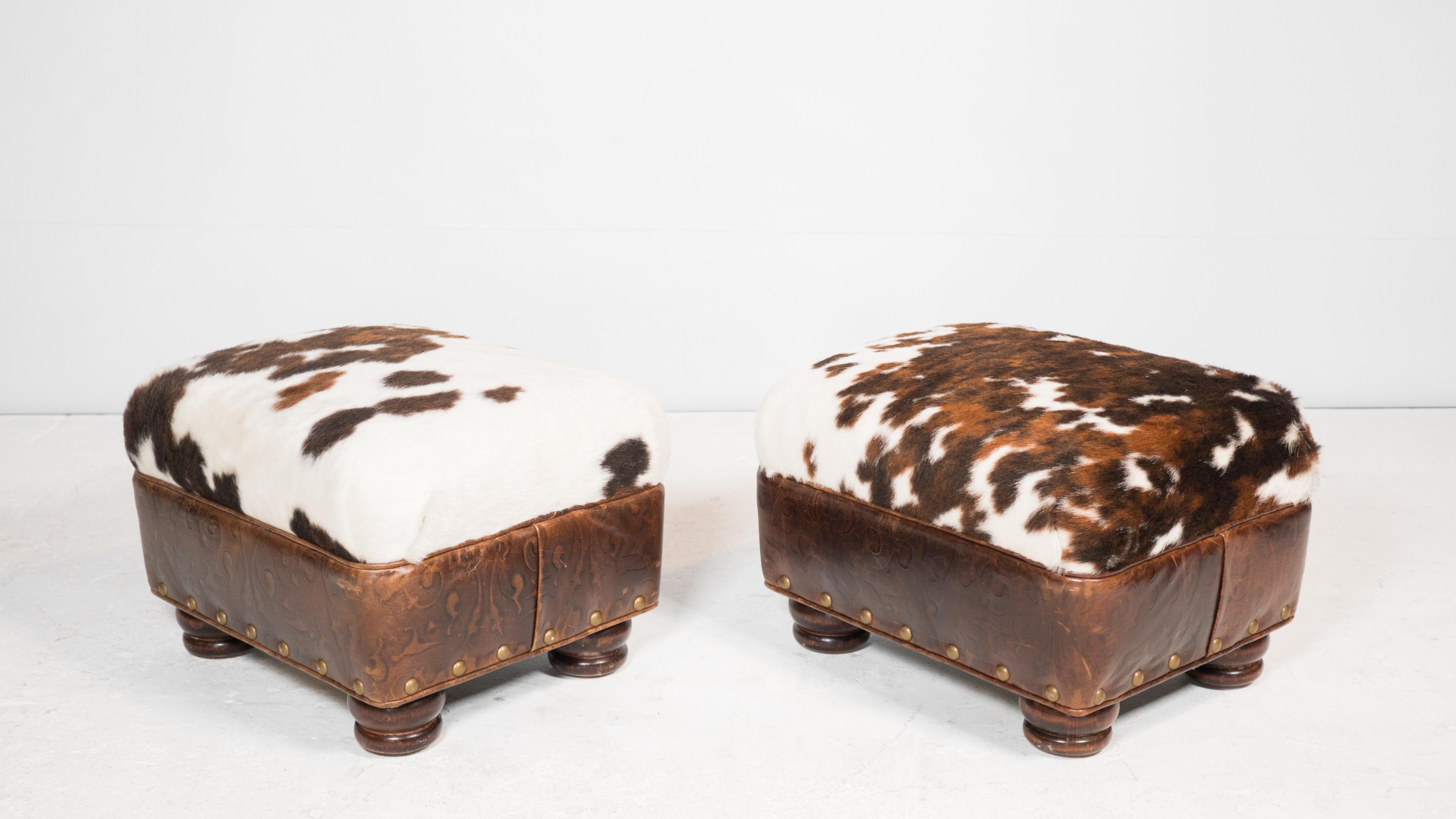 Late 20th Century Hancock & Moore Cowhide Ottomans With Nailhead Trim - a Pair For Sale