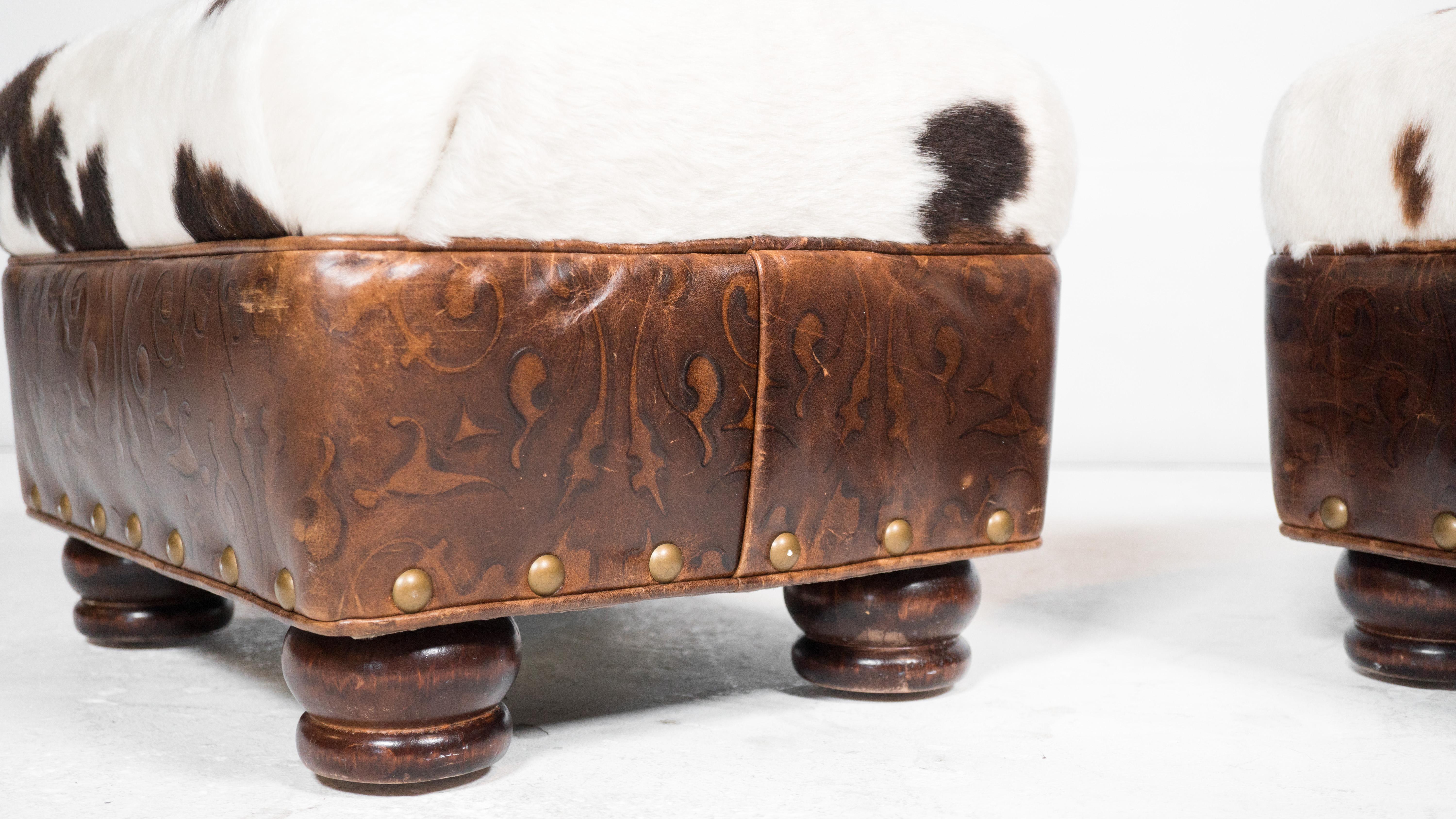 Leather Hancock & Moore Cowhide Ottomans With Nailhead Trim - a Pair For Sale