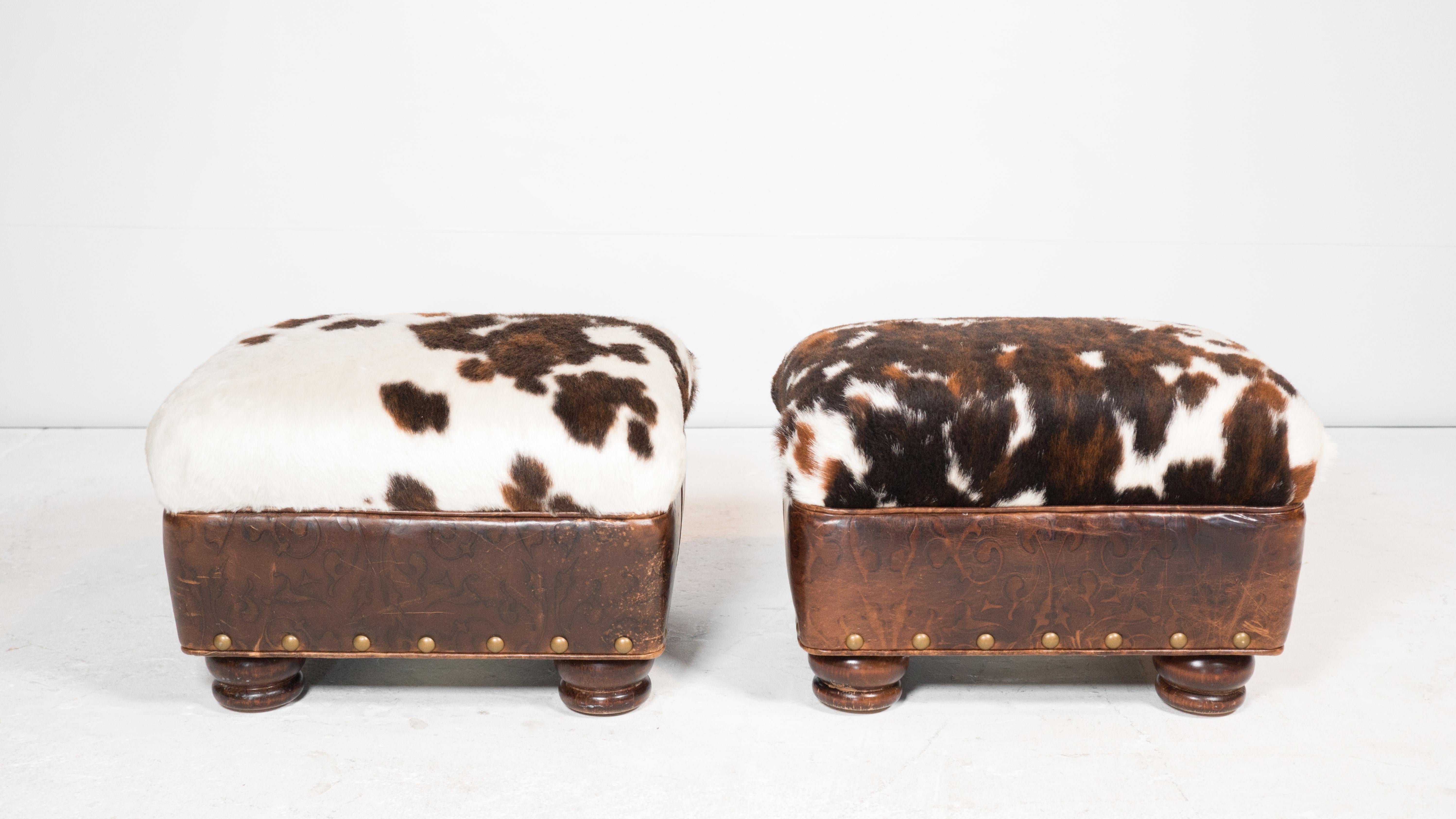 Hancock & Moore Cowhide Ottomans With Nailhead Trim - a Pair For Sale 1