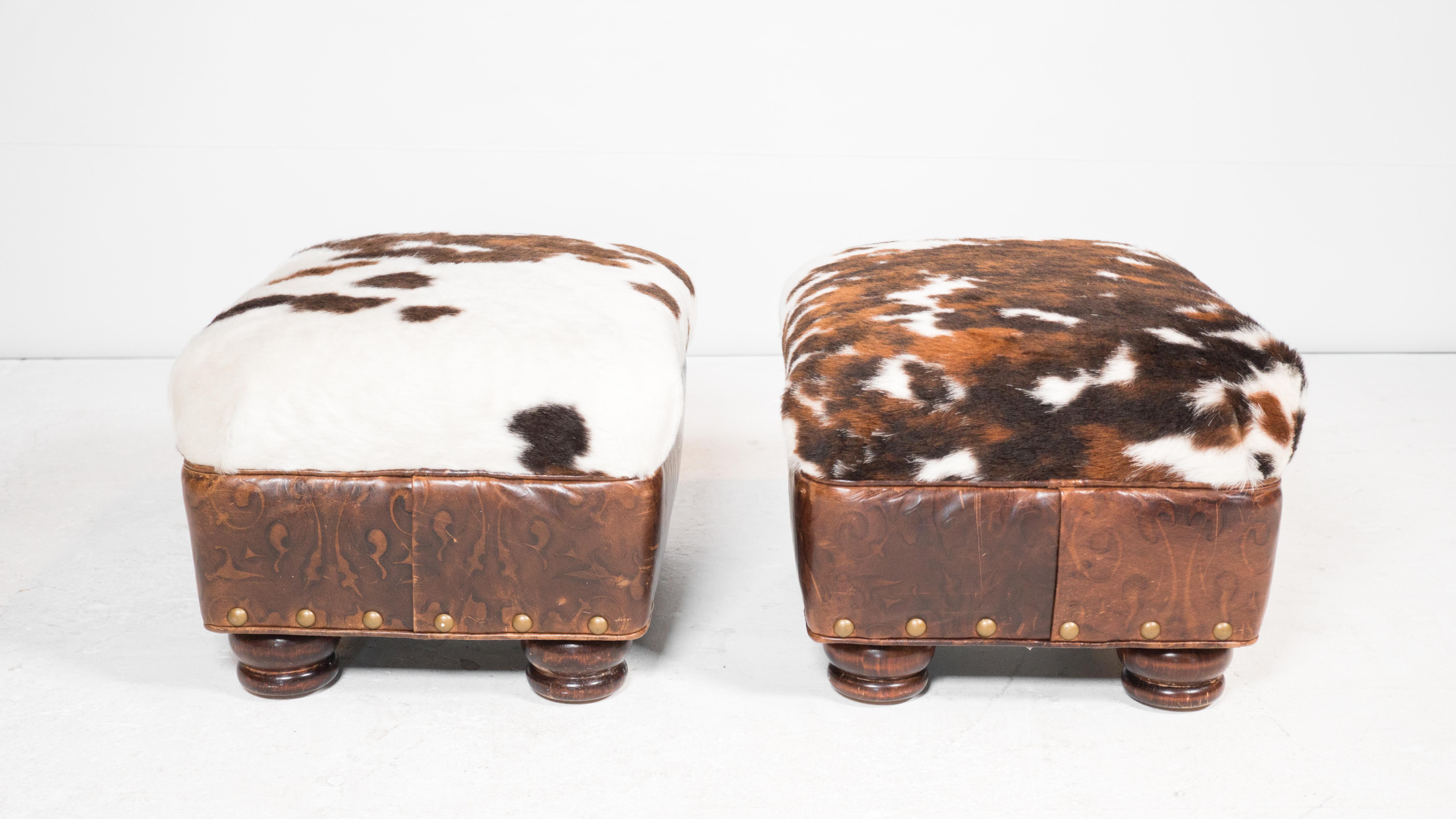 Hancock & Moore Cowhide Ottomans With Nailhead Trim - a Pair For Sale 2