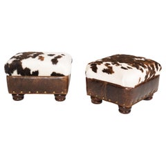 Hancock & Moore Cowhide Ottomans With Nailhead Trim - a Pair