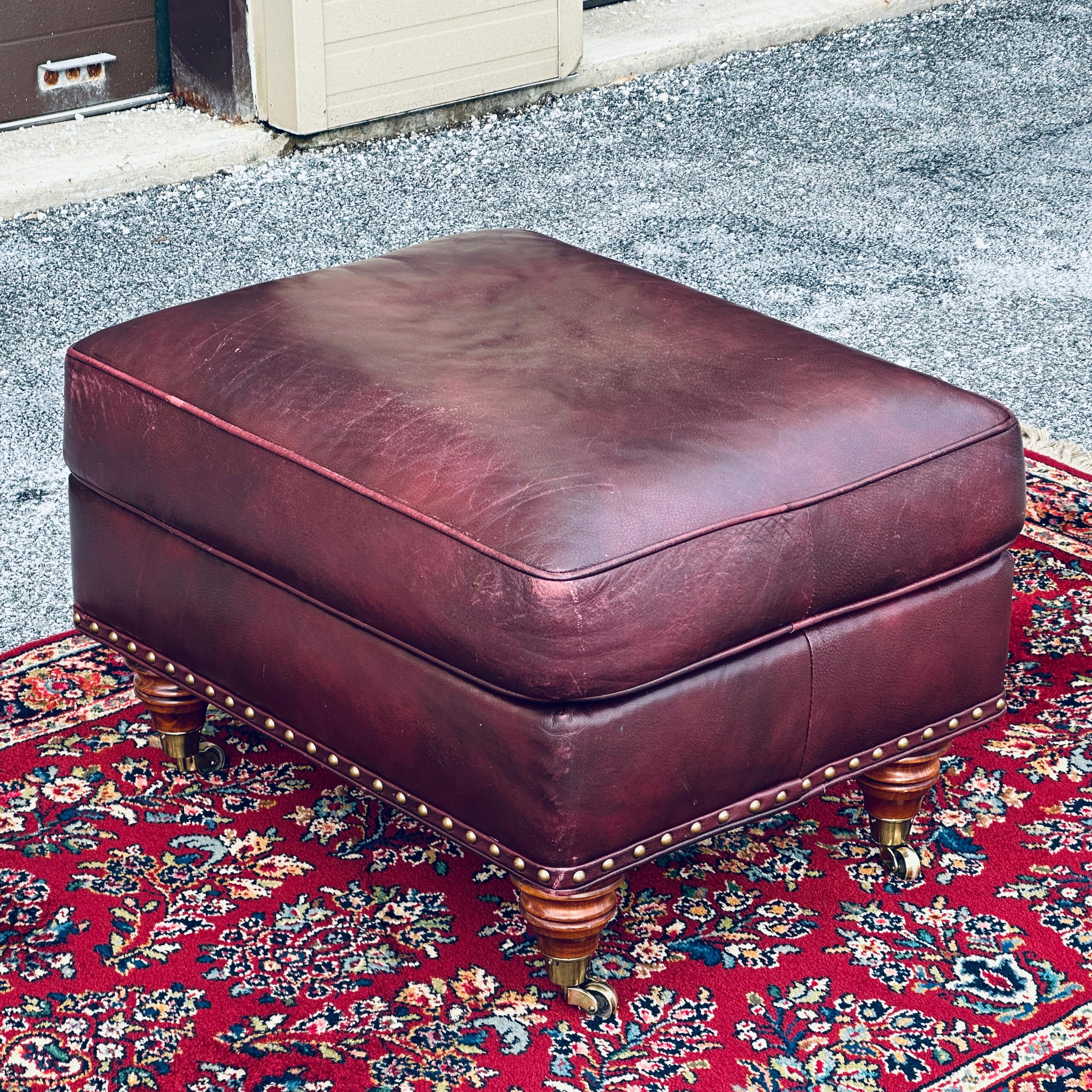 British Colonial Hancock & Moore English Regency Leather Nailhead Ottoman on Brass Casters