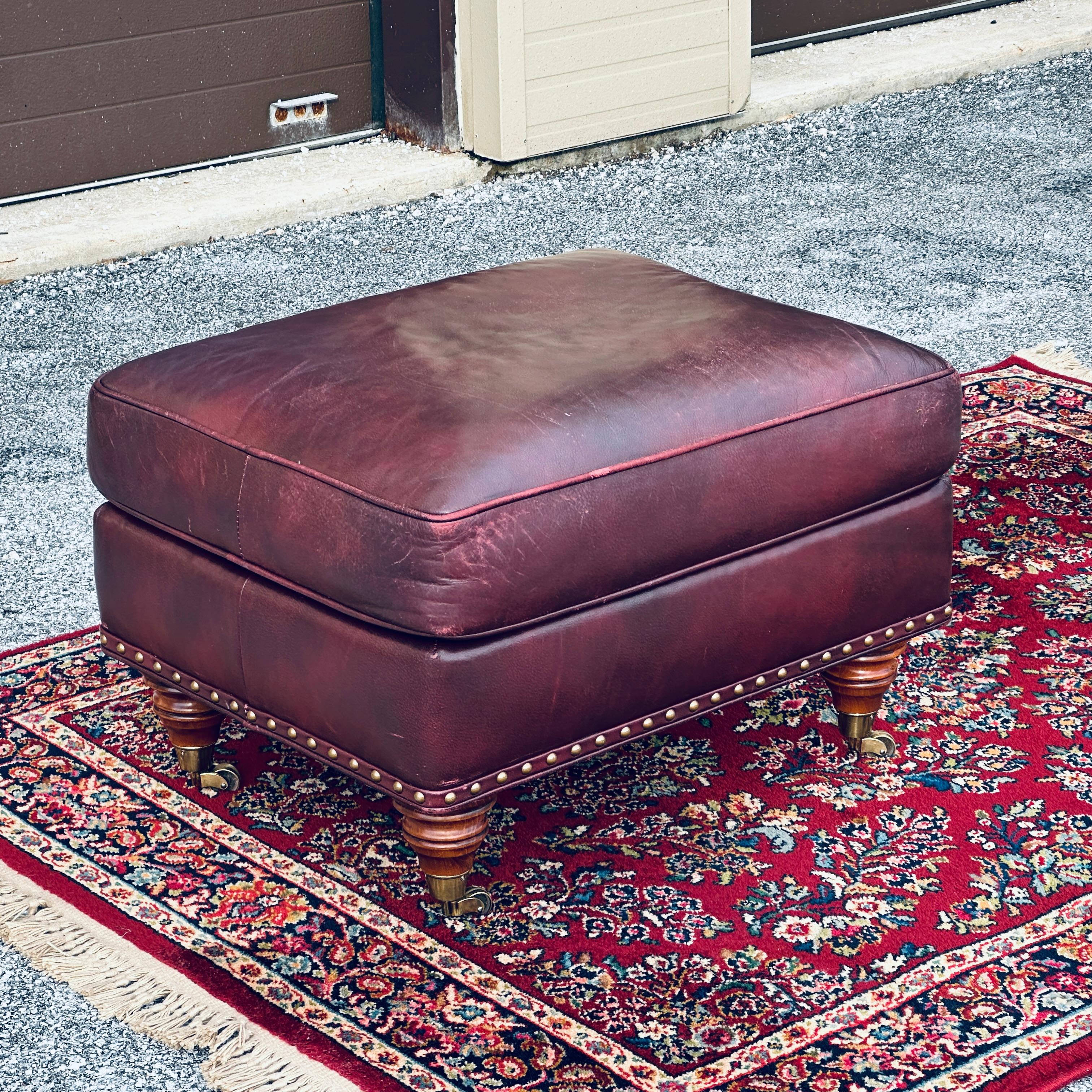 Hancock & Moore English Regency Leather Nailhead Ottoman on Brass Casters In Good Condition In West Chester, PA