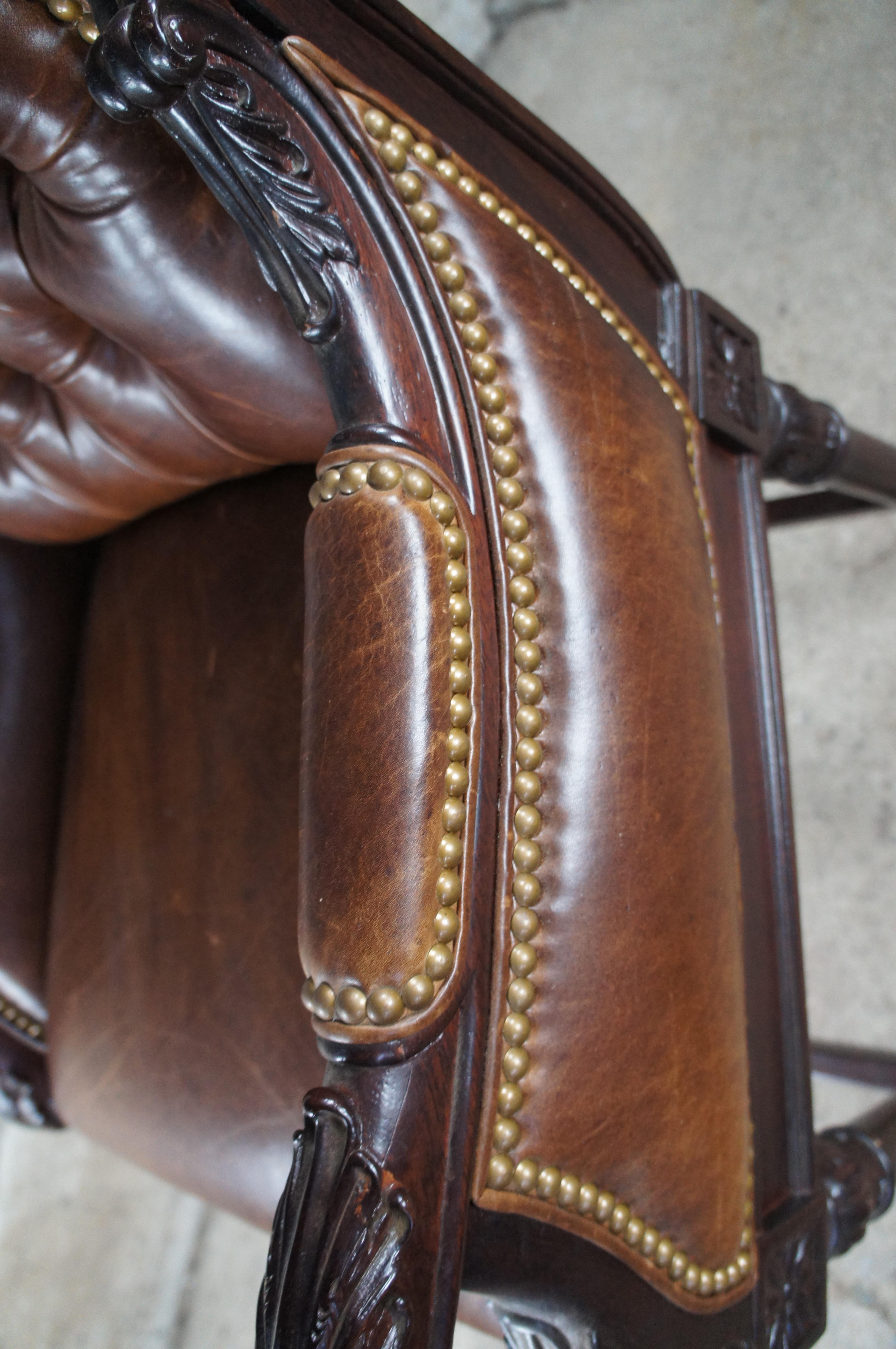 Hancock & Moore French Chesterfield Style Carved Brown Leather Tufted Bar Stool For Sale 7
