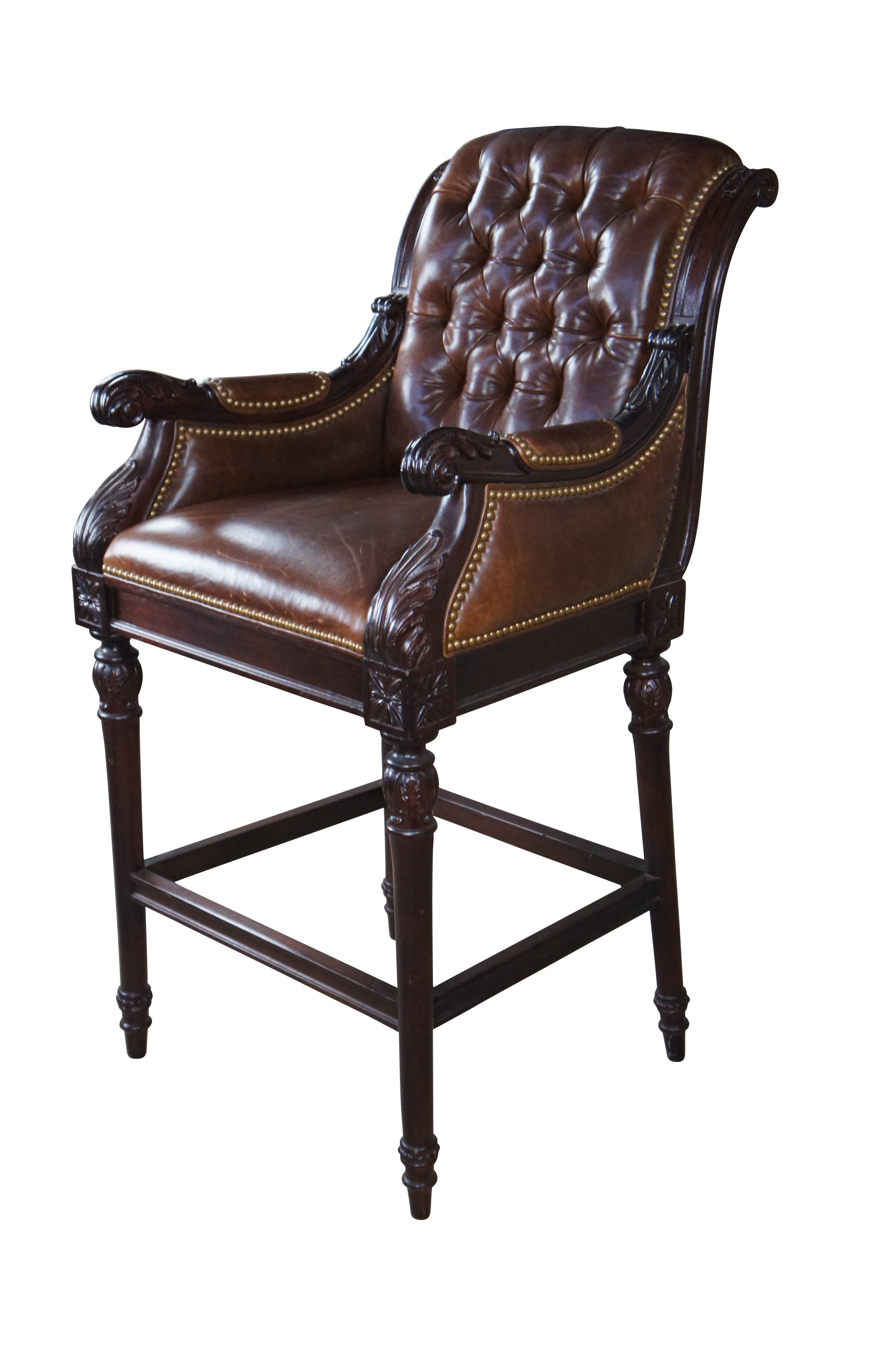 Exquisite Hancock & Moore French Chesterfield Bar Stool.  Features an acanthus carved mahogany frame with scrolled tufted back, upholstered in a rich top grain brown leather with nailhead trim.  Includes French carved medallions and turned tapered