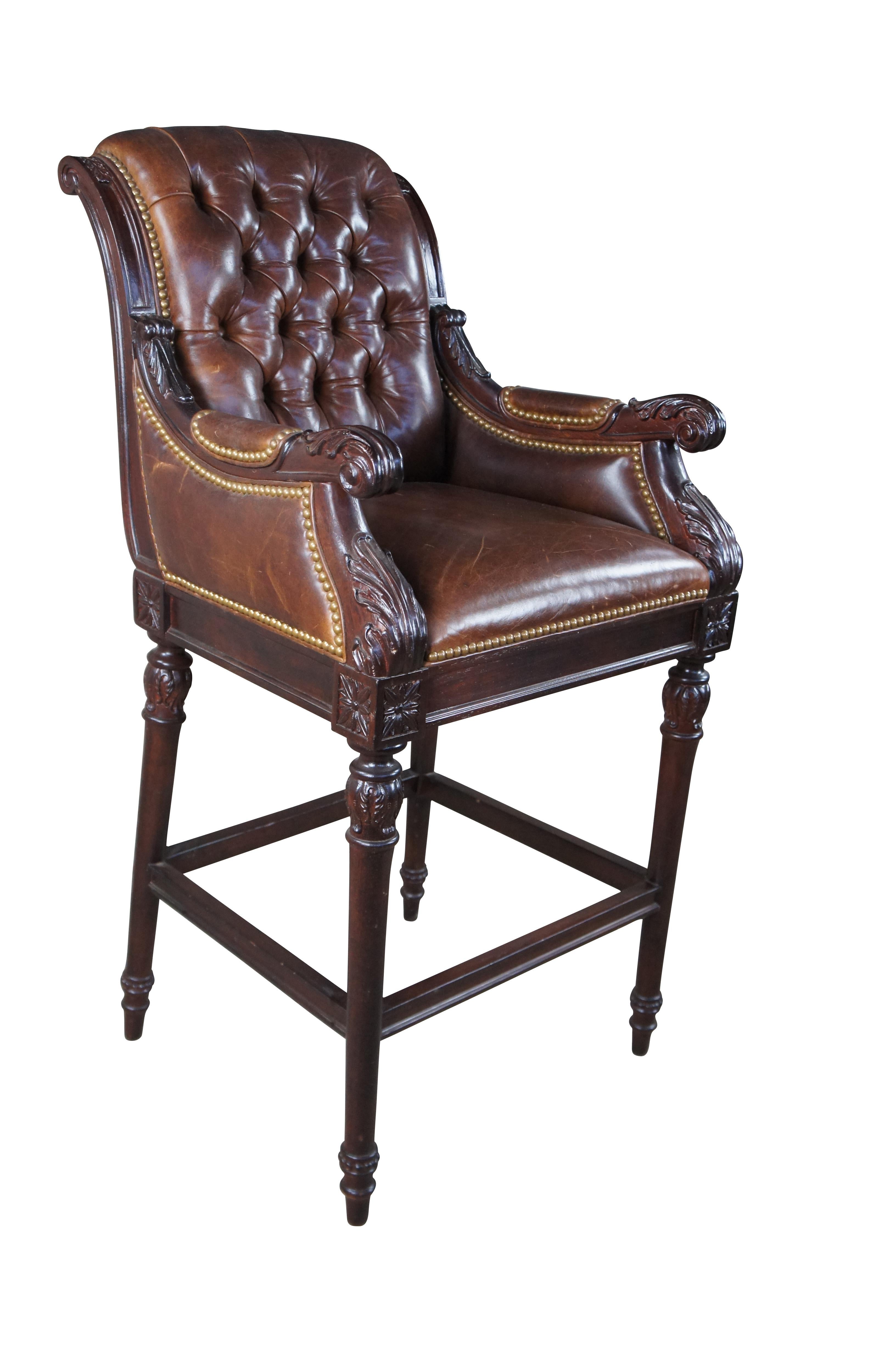 Hancock & Moore French Chesterfield Style Carved Brown Leather Tufted Bar Stool In Excellent Condition For Sale In Dayton, OH