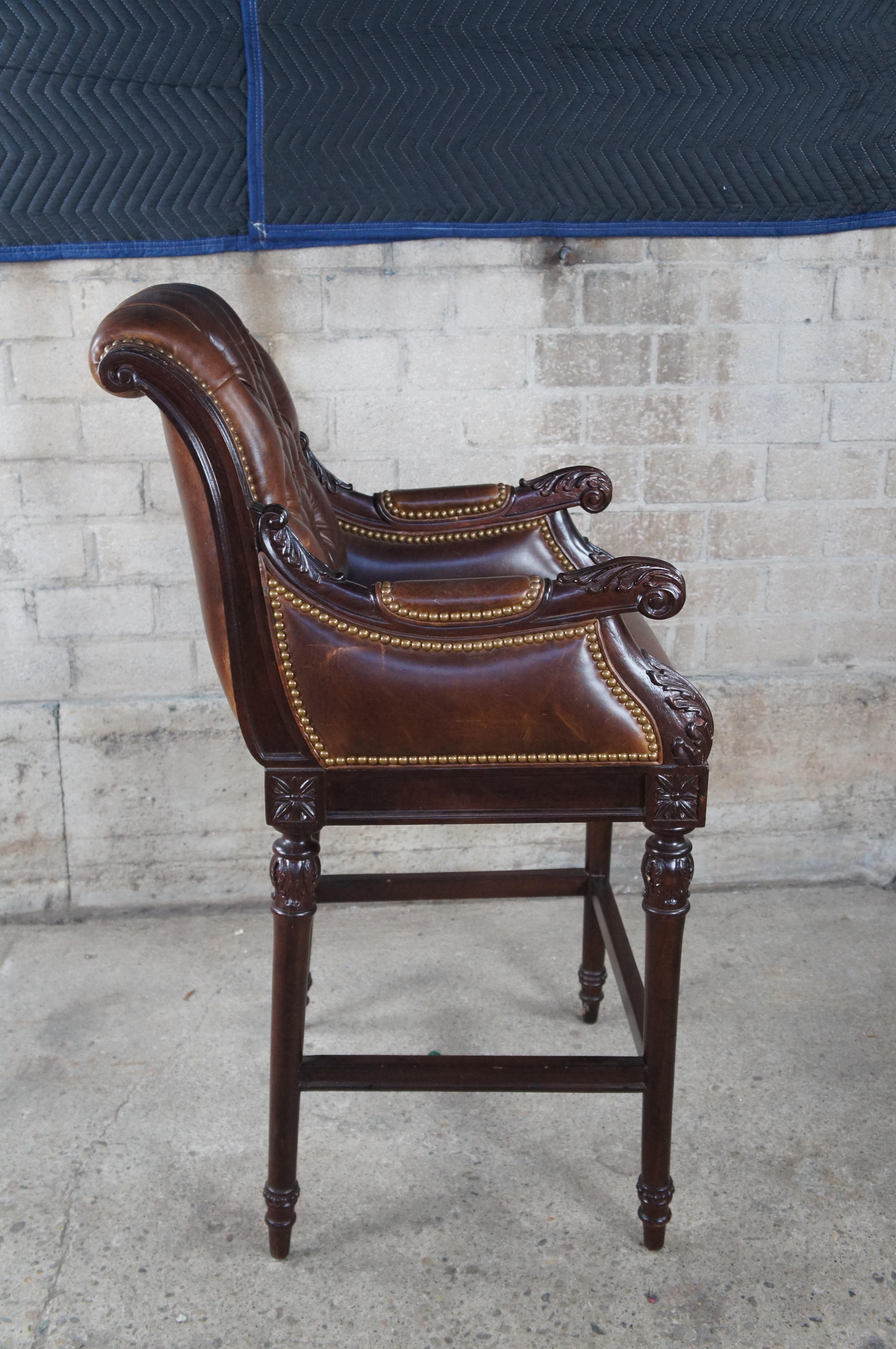 20th Century Hancock & Moore French Chesterfield Style Carved Brown Leather Tufted Bar Stool For Sale