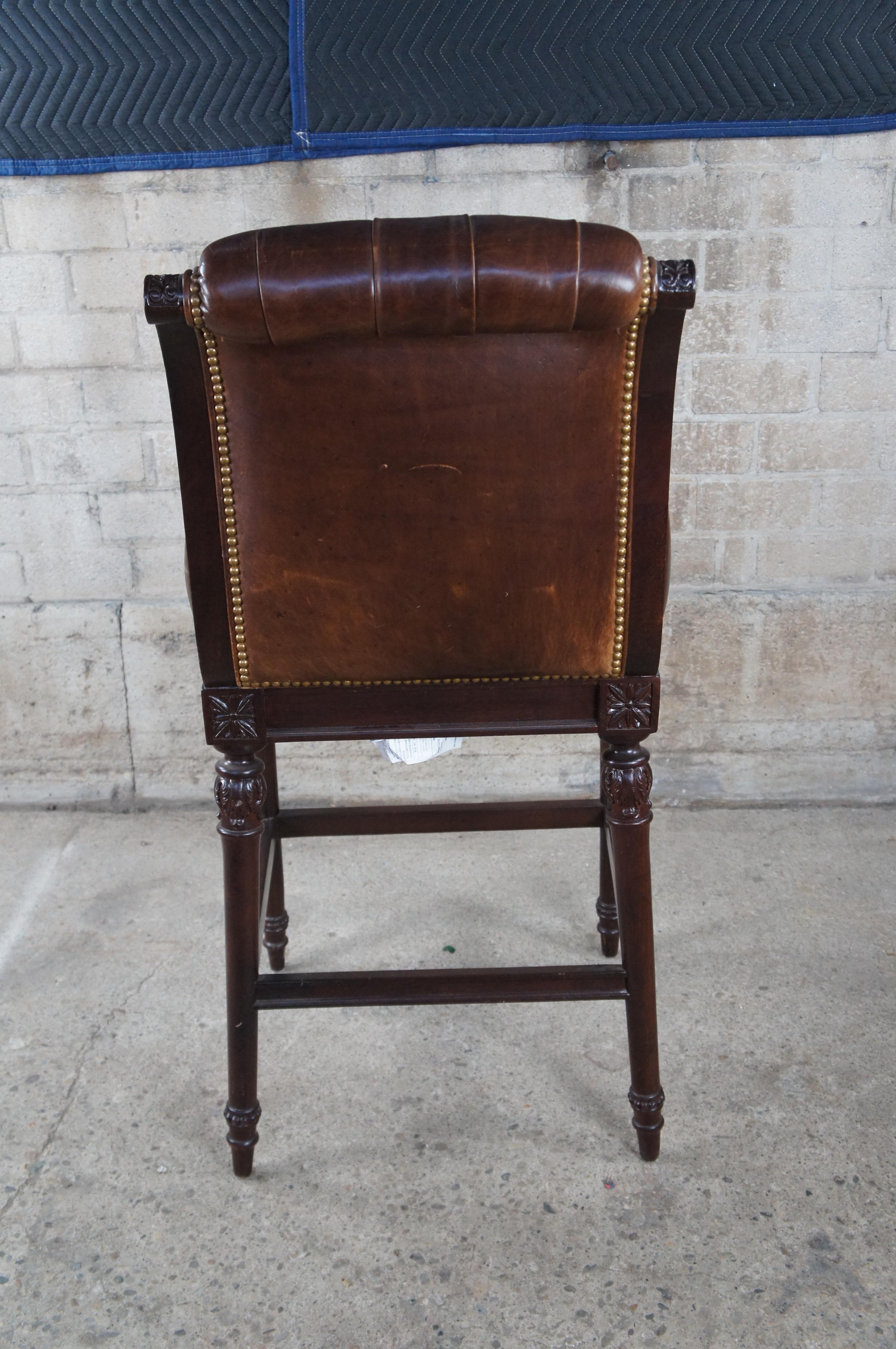 20th Century Hancock & Moore French Chesterfield Style Carved Brown Leather Tufted Bar Stool