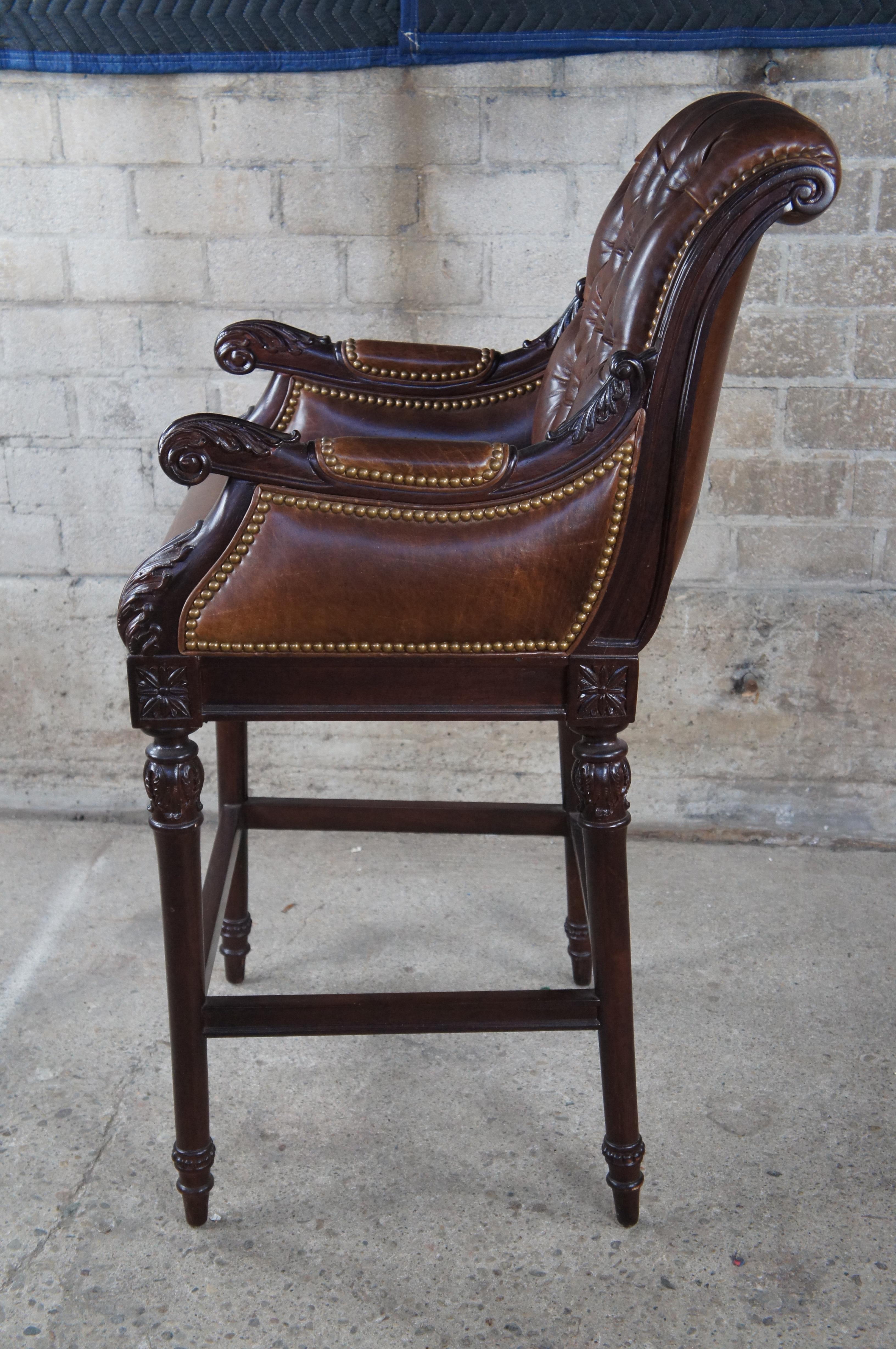 Hancock & Moore French Chesterfield Style Carved Brown Leather Tufted Bar Stool For Sale 2