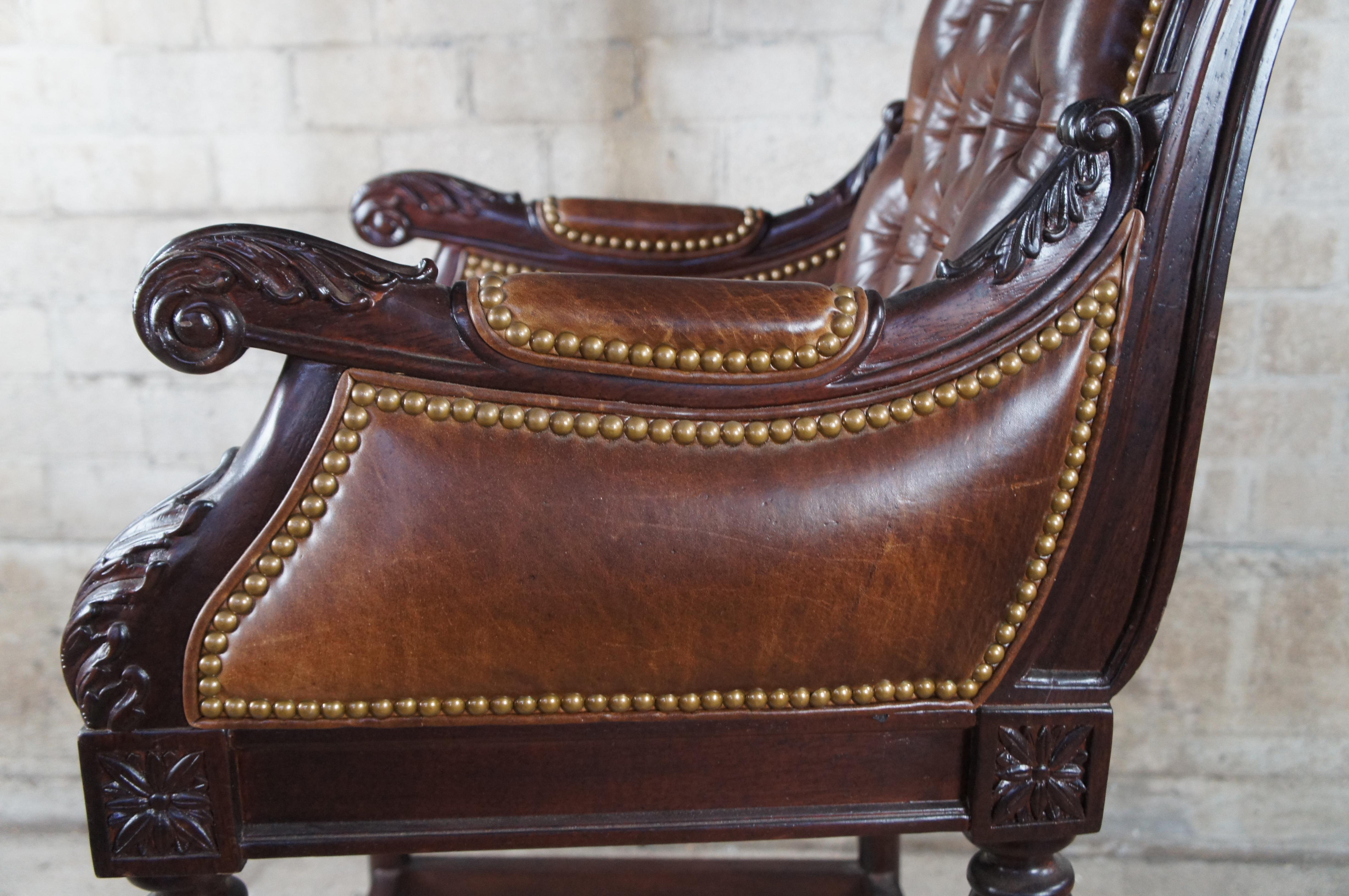 Hancock & Moore French Chesterfield Style Carved Brown Leather Tufted Bar Stool For Sale 3