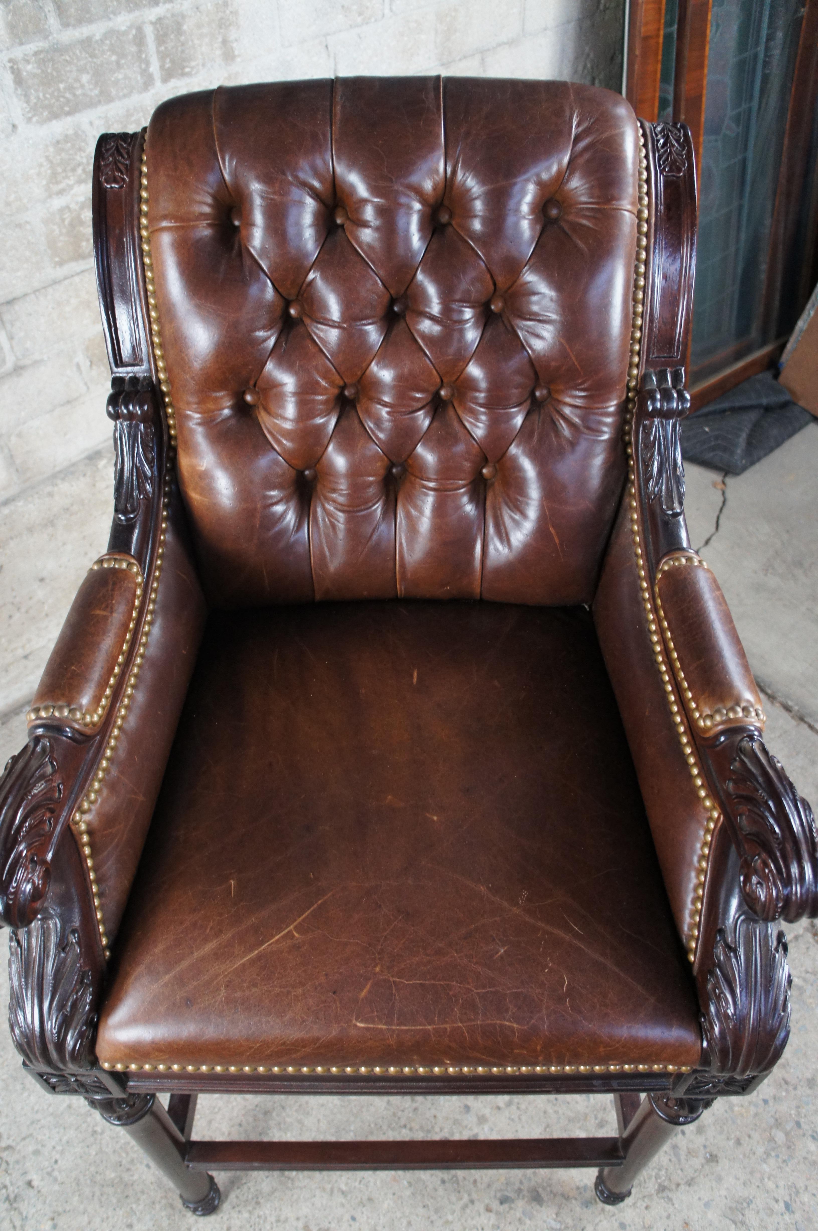 Hancock & Moore French Chesterfield Style Carved Brown Leather Tufted Bar Stool For Sale 4