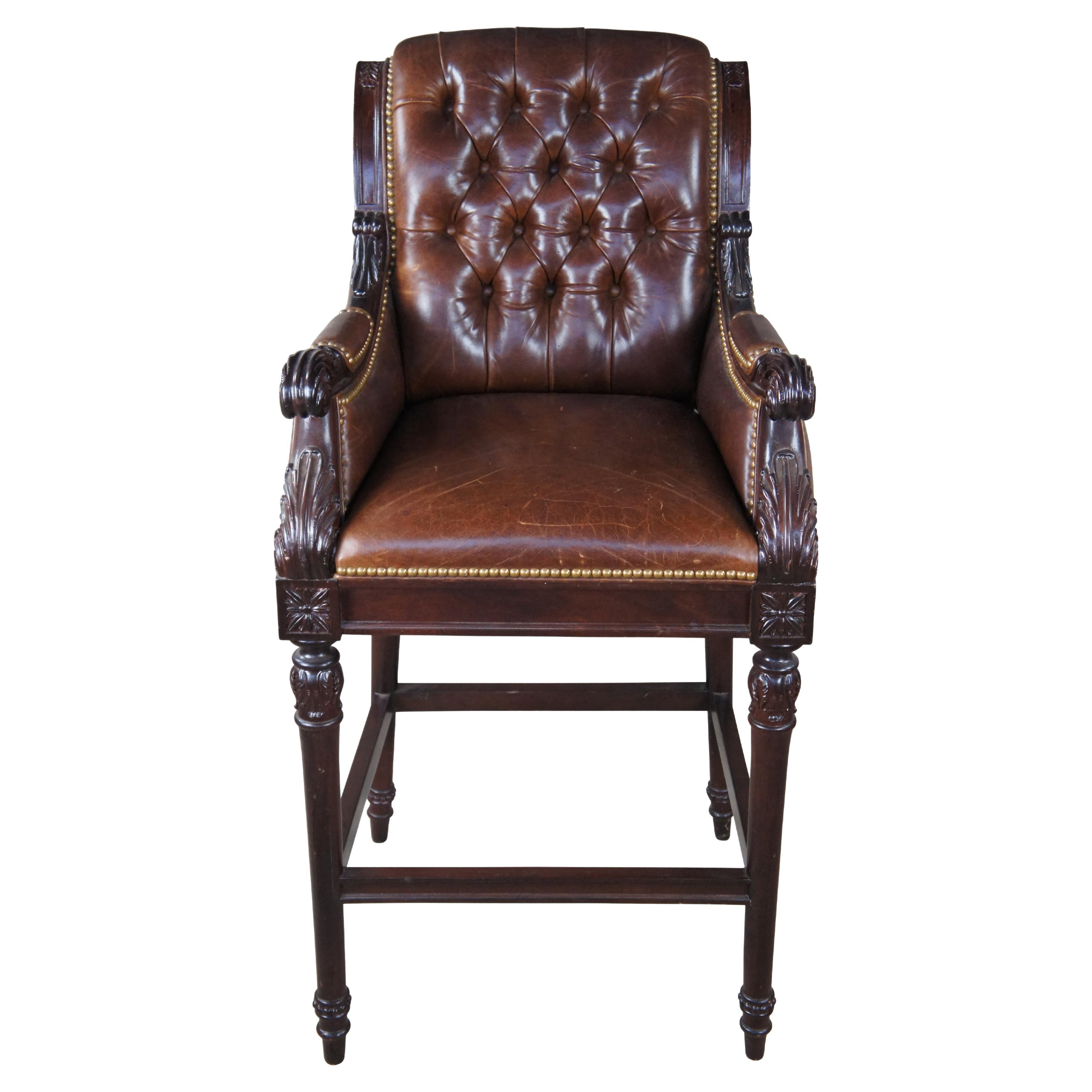 Hancock & Moore French Chesterfield Style Carved Brown Leather Tufted Bar Stool For Sale