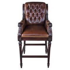Vintage Hancock & Moore French Chesterfield Style Carved Brown Leather Tufted Bar Stool