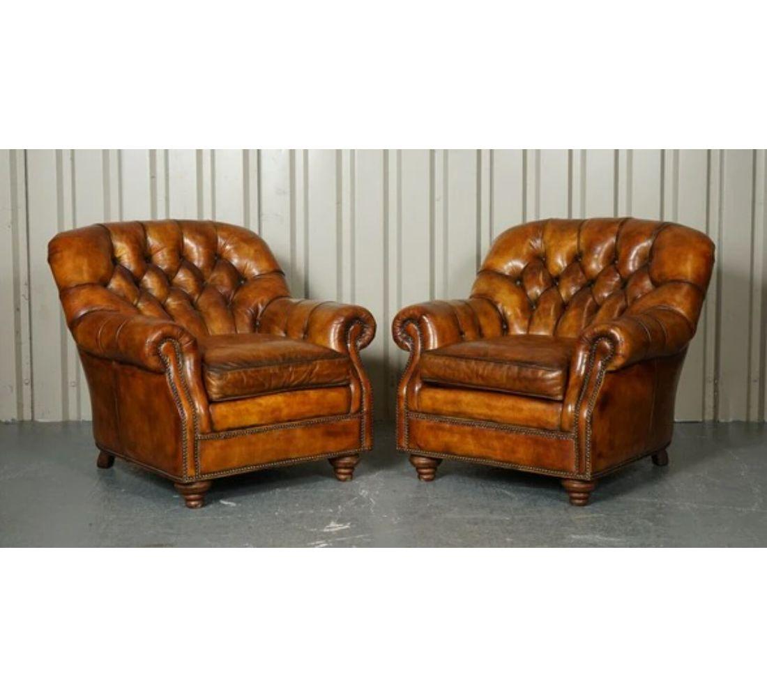 We are delighted to offer for sale this one of a kind stunning fully restored whiskey brown hancock & moore leather 5 piece suite.

This suite has a large three to four-seater sofa, two armchairs and two footstools. All the leather was originally