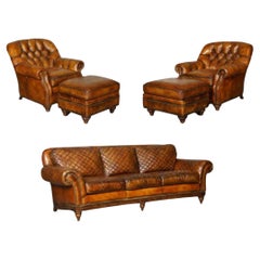 Hancock & Moore Leder-Sofa, Sessel, Sessel und Fußhocker, handgefärbt, 5 Teile