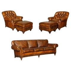 Hancock & Moore Leather Hand Dyed Sofa, Armchairs & Footstools 5 Piece Suite