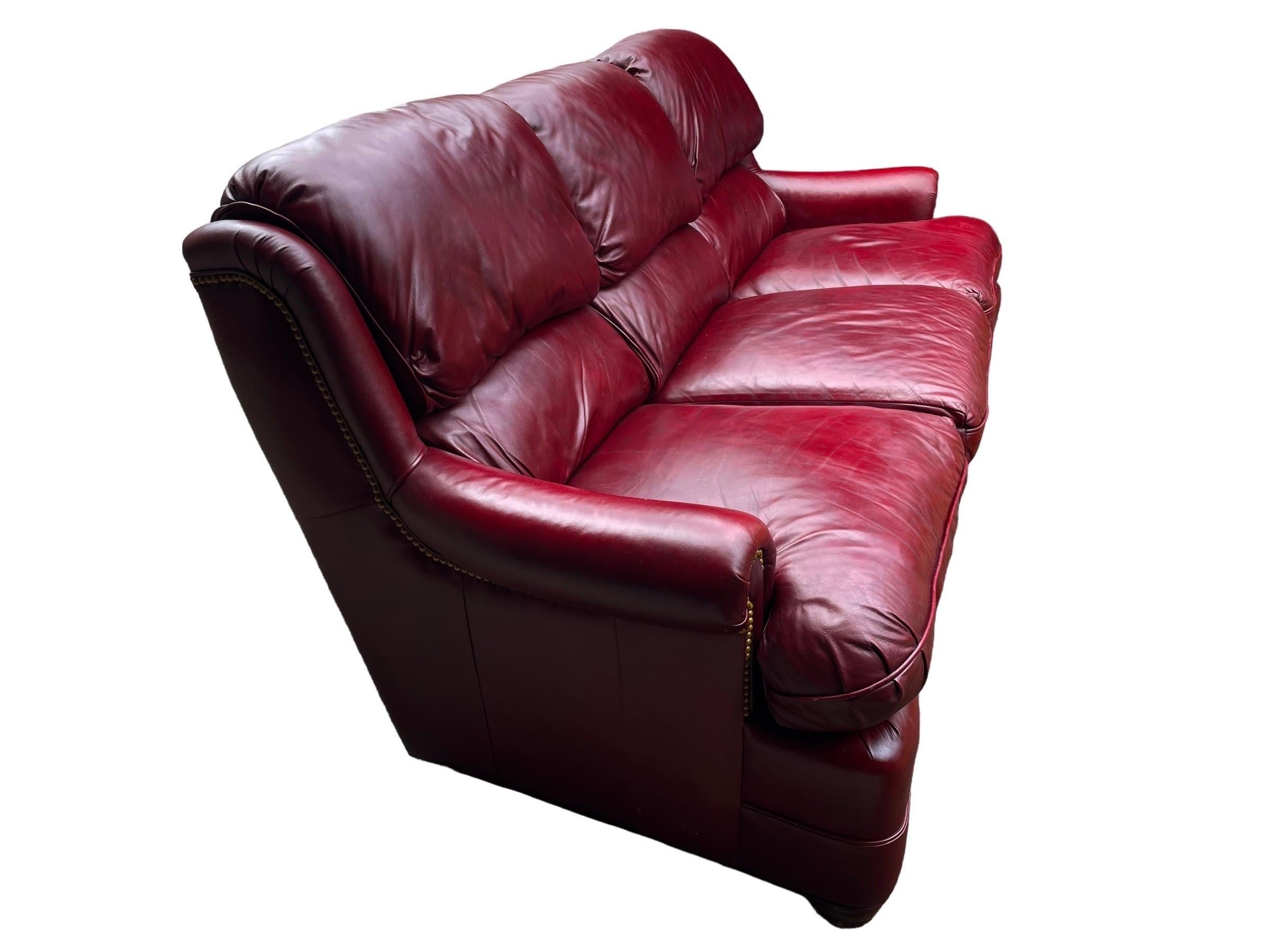 American Classical Hancock & Moore Leather Sofa Couch Maroon Red Leather Couch Club Sofa