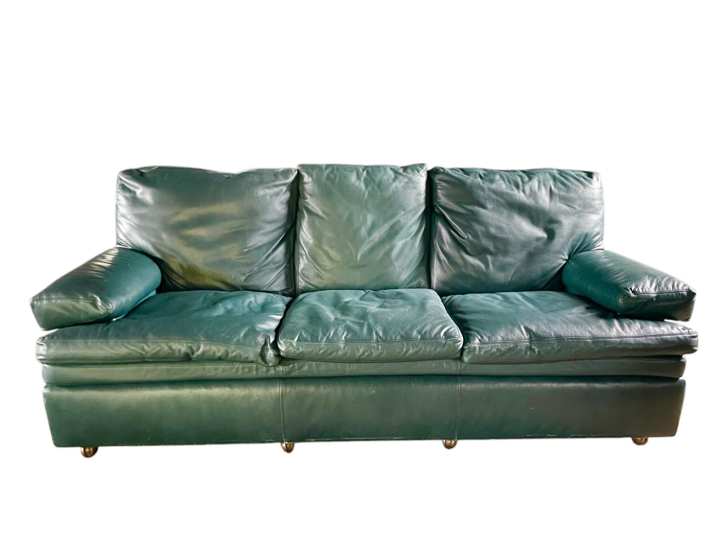 Hollywood Regency Hancock & Moore Leather Sofa Green Leather Couch Vintage