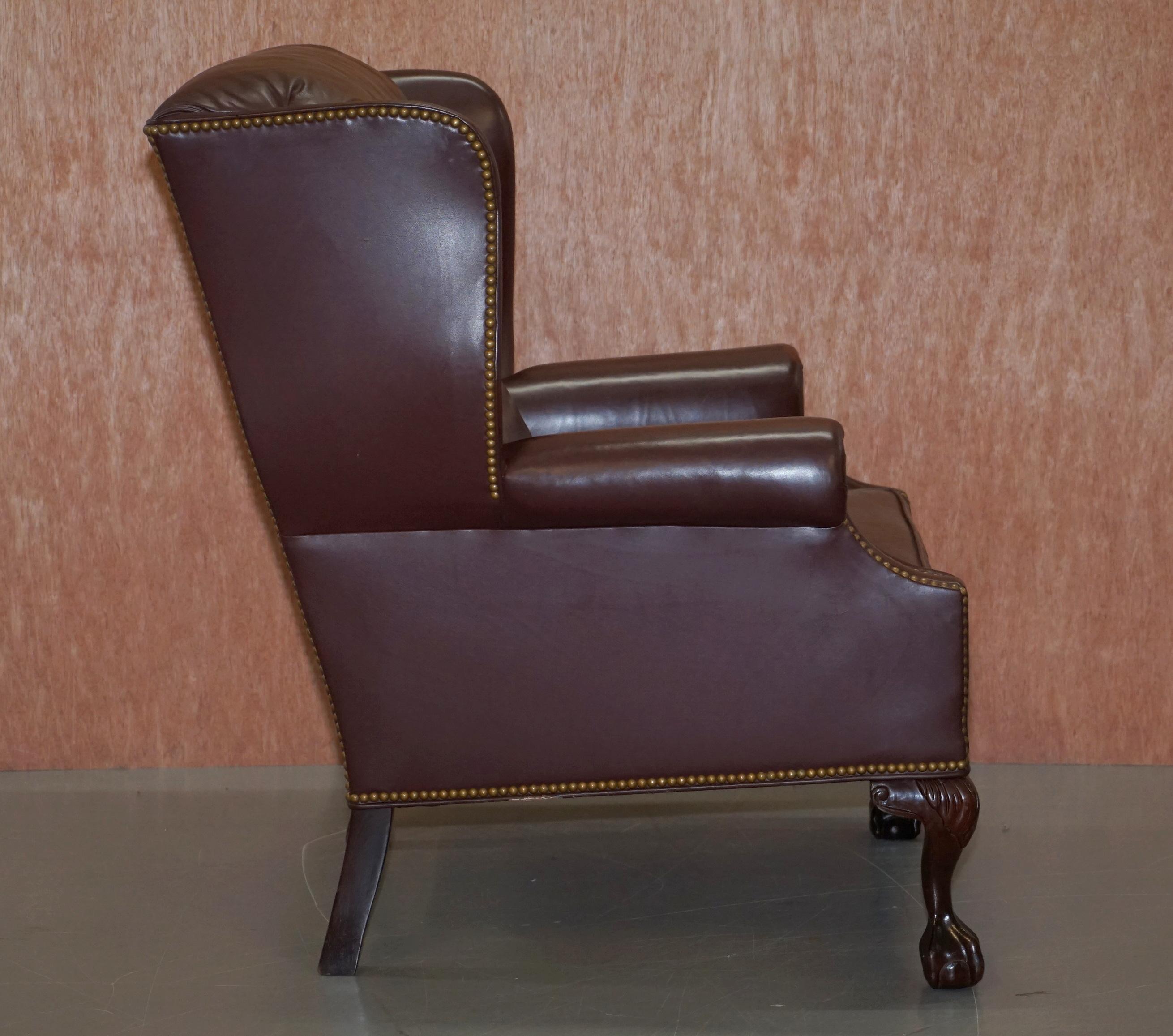 Hancock & Moore Hardwood Brown Leather Wingback Armchairs Claw & Ball Feet Pair 2