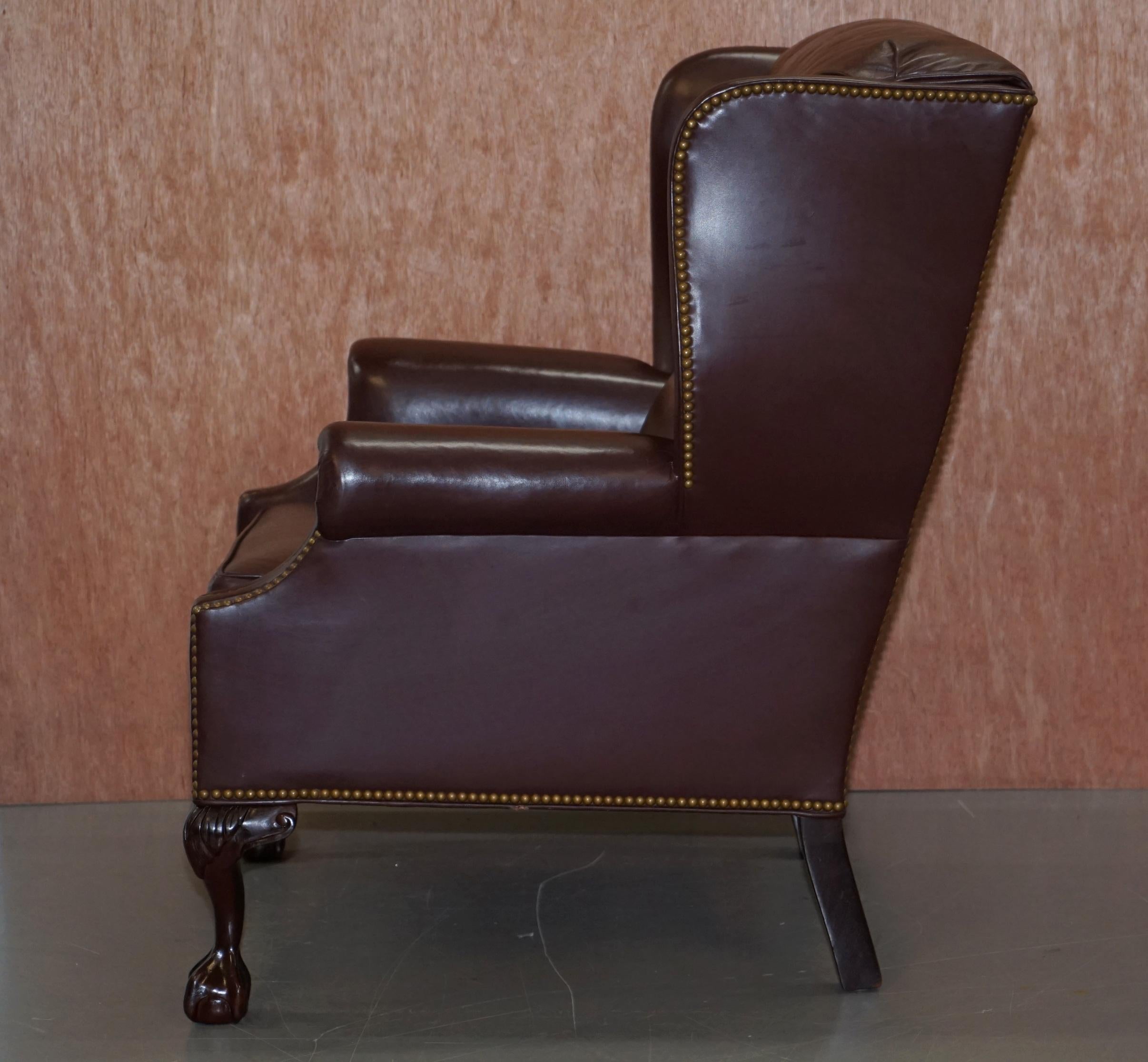 Hancock & Moore Hardwood Brown Leather Wingback Armchairs Claw & Ball Feet Pair 5