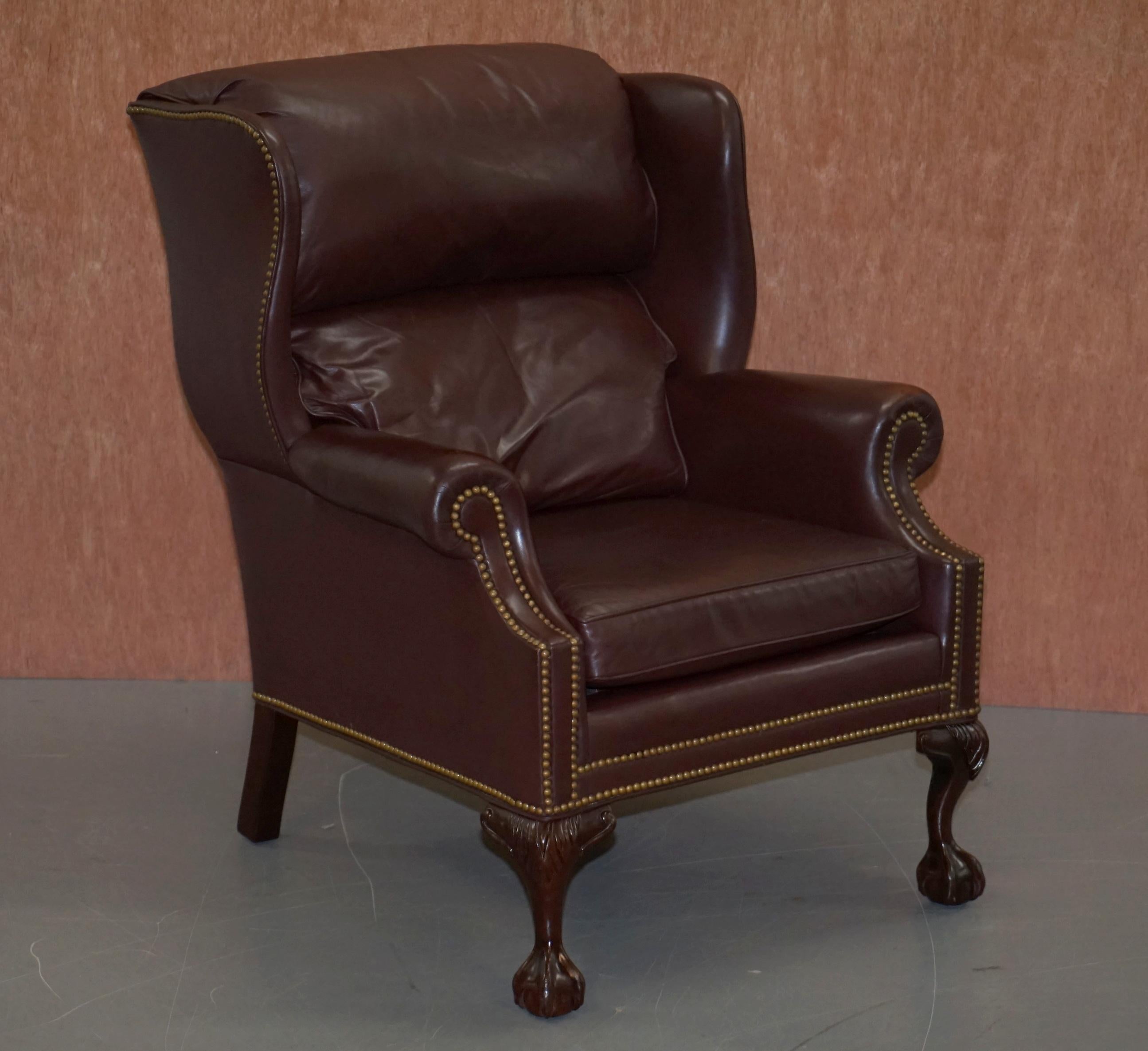 Hancock & Moore Hardwood Brown Leather Wingback Armchairs Claw & Ball Feet Pair 7