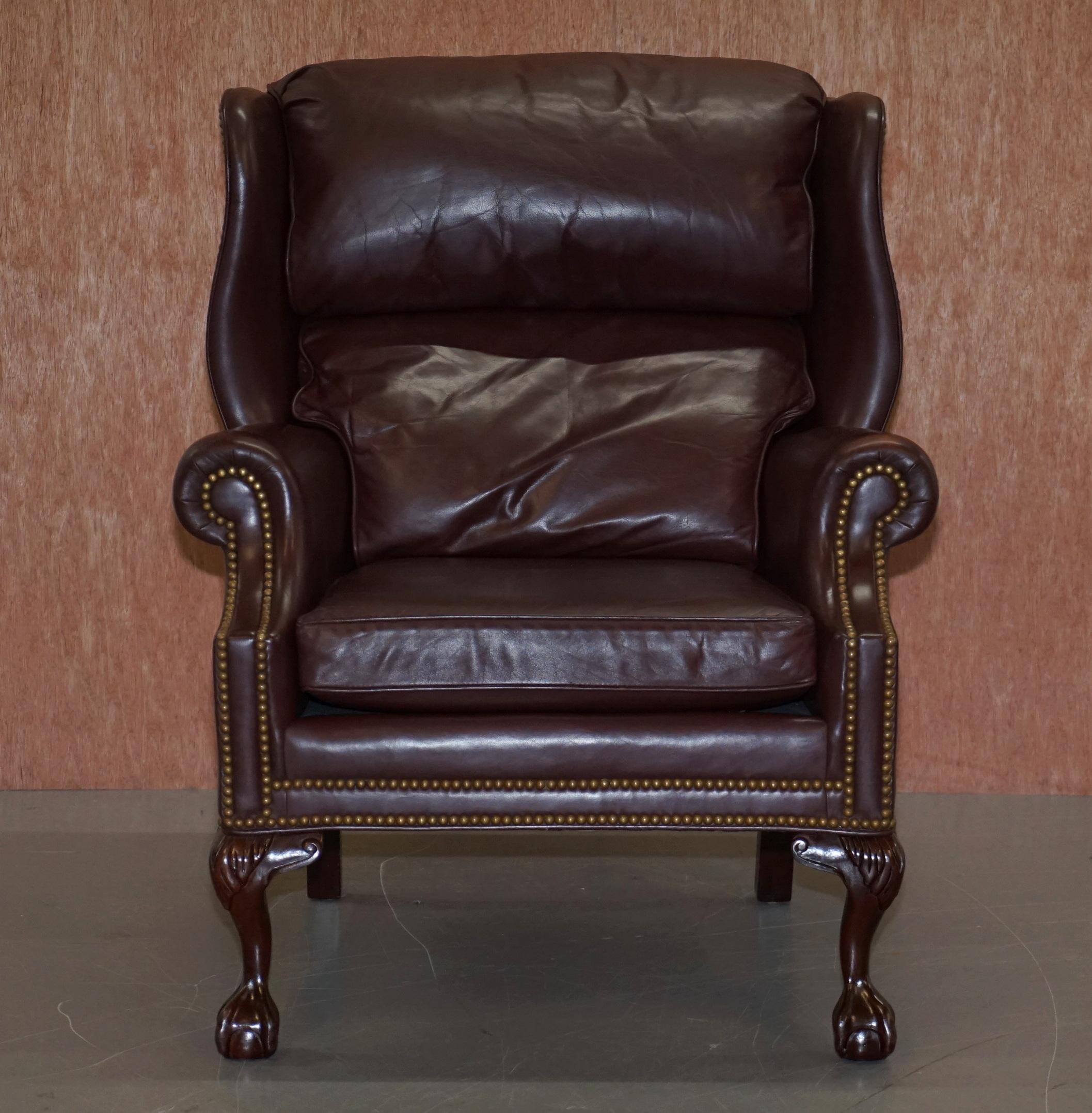 Hancock & Moore Hardwood Brown Leather Wingback Armchairs Claw & Ball Feet Pair 7