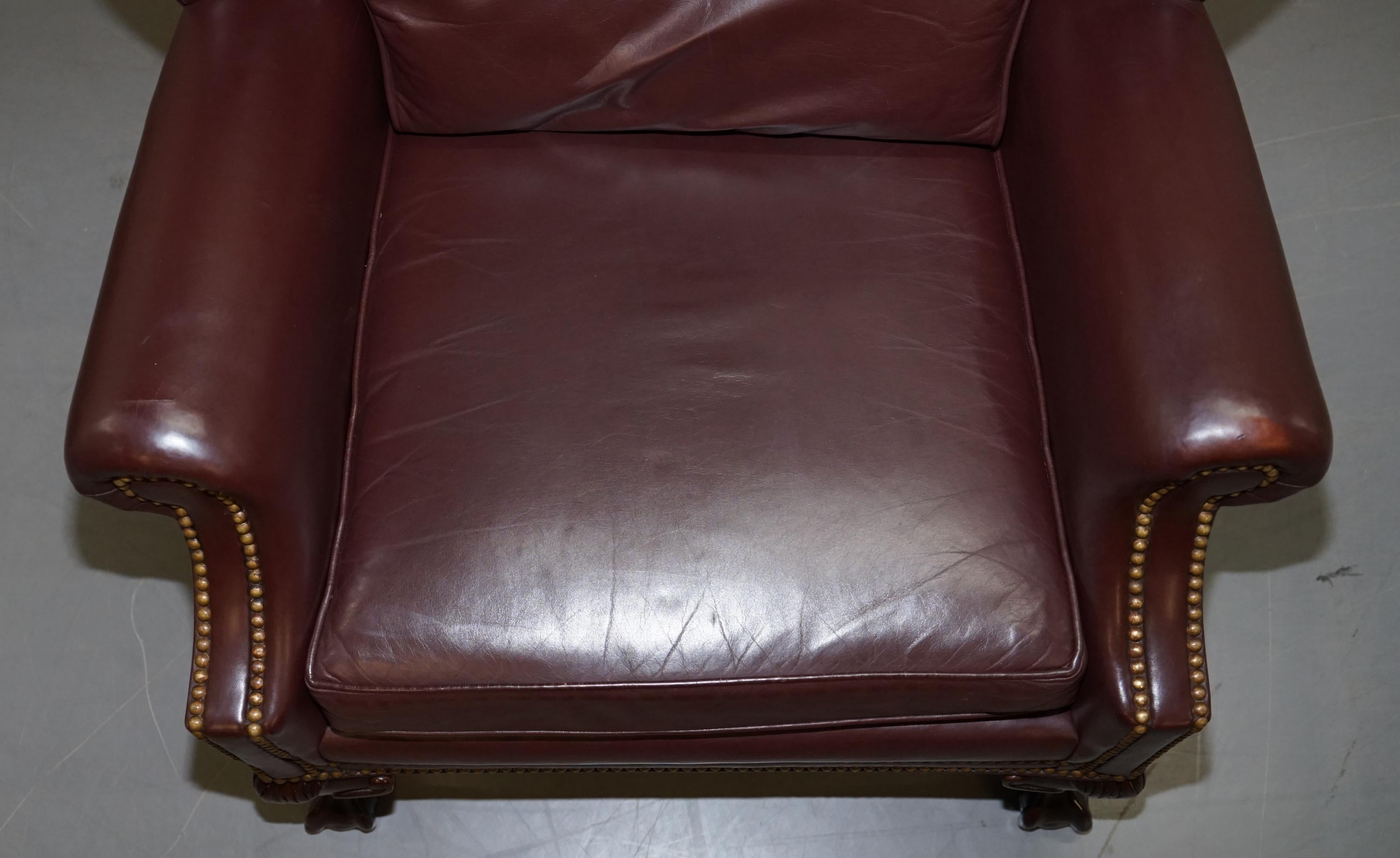 Hancock & Moore Hardwood Brown Leather Wingback Armchairs Claw & Ball Feet Pair 10