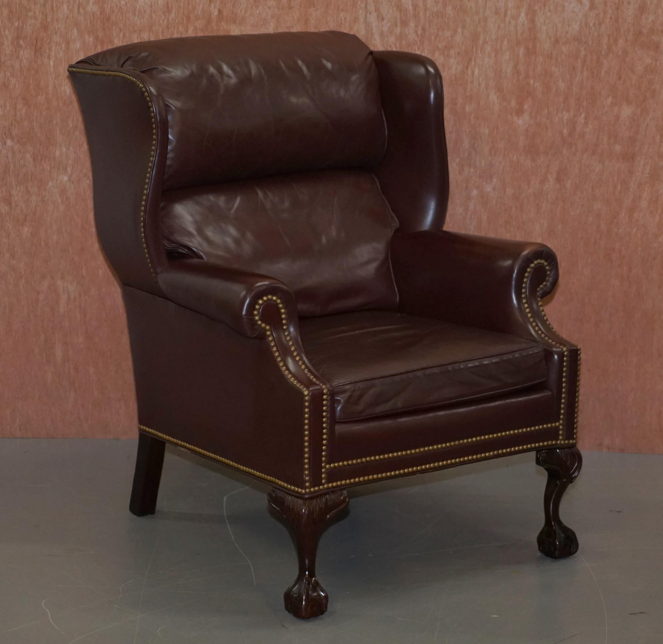 We are delighted to offer for sale this lovely pair of original Hancock & Moore wingback armchairs with claw & ball feet

A very good looking and seriously comfortable pair of armchairs, made in the Chippendale style with elegant hand carved Claw