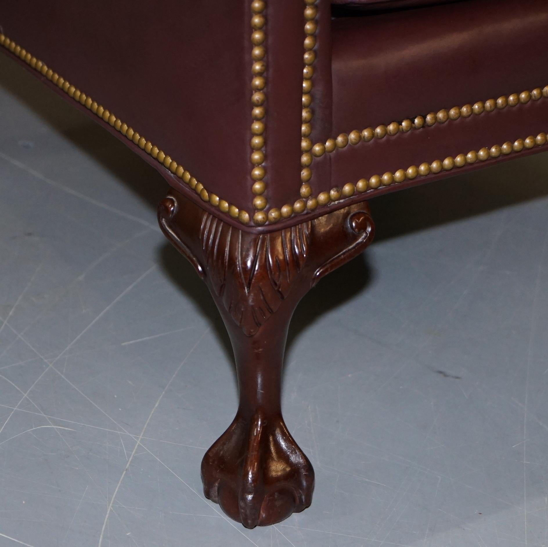 Hancock & Moore Hardwood Brown Leather Wingback Armchairs Claw & Ball Feet Pair 11